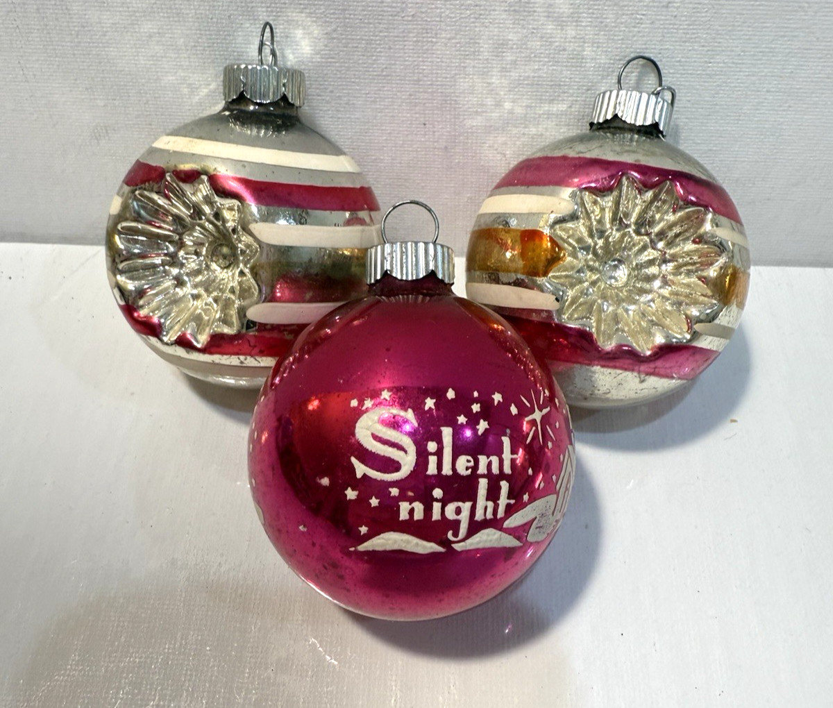 Vtg Shiny Brite Christmas Ornaments Set of 3 Silent Night 1950's Indent Glass