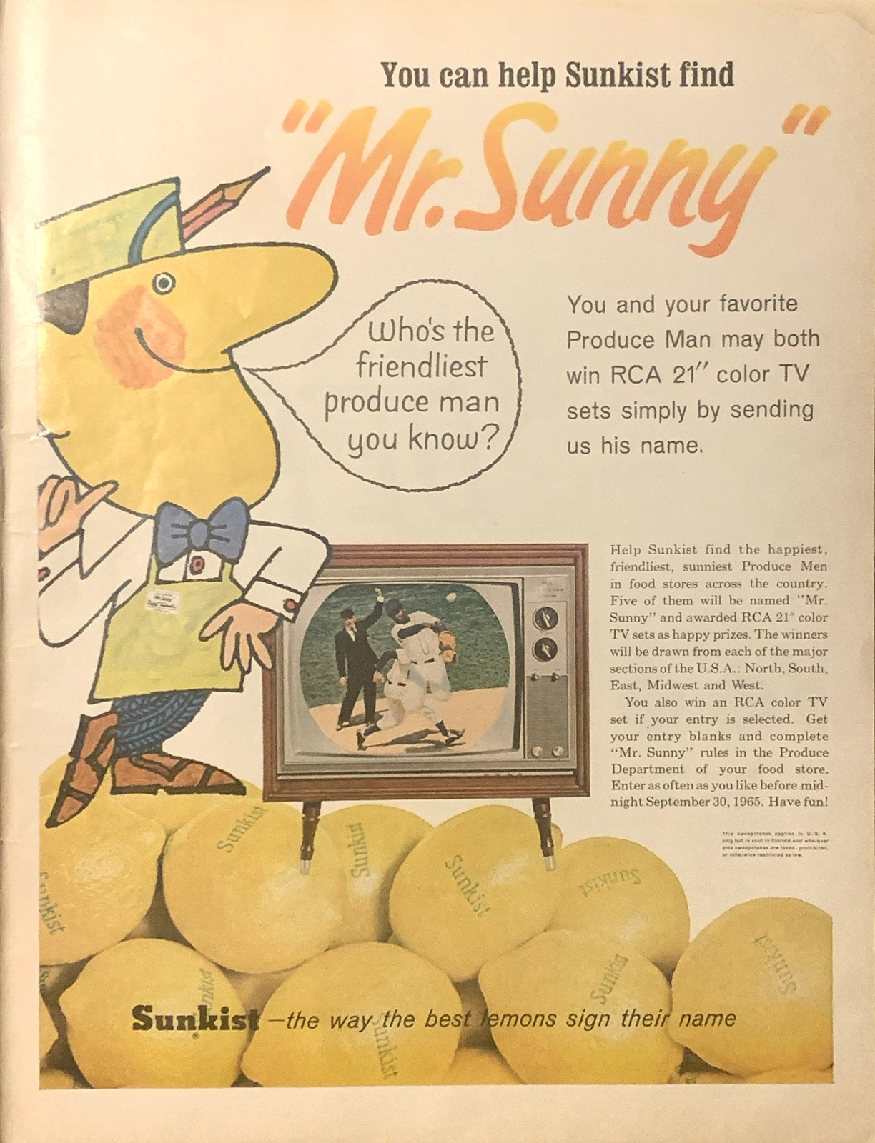 1965 Sunkist Lemons PRINT AD Mr Sunny Friendly Produce Man VTG 1960s RCA TV