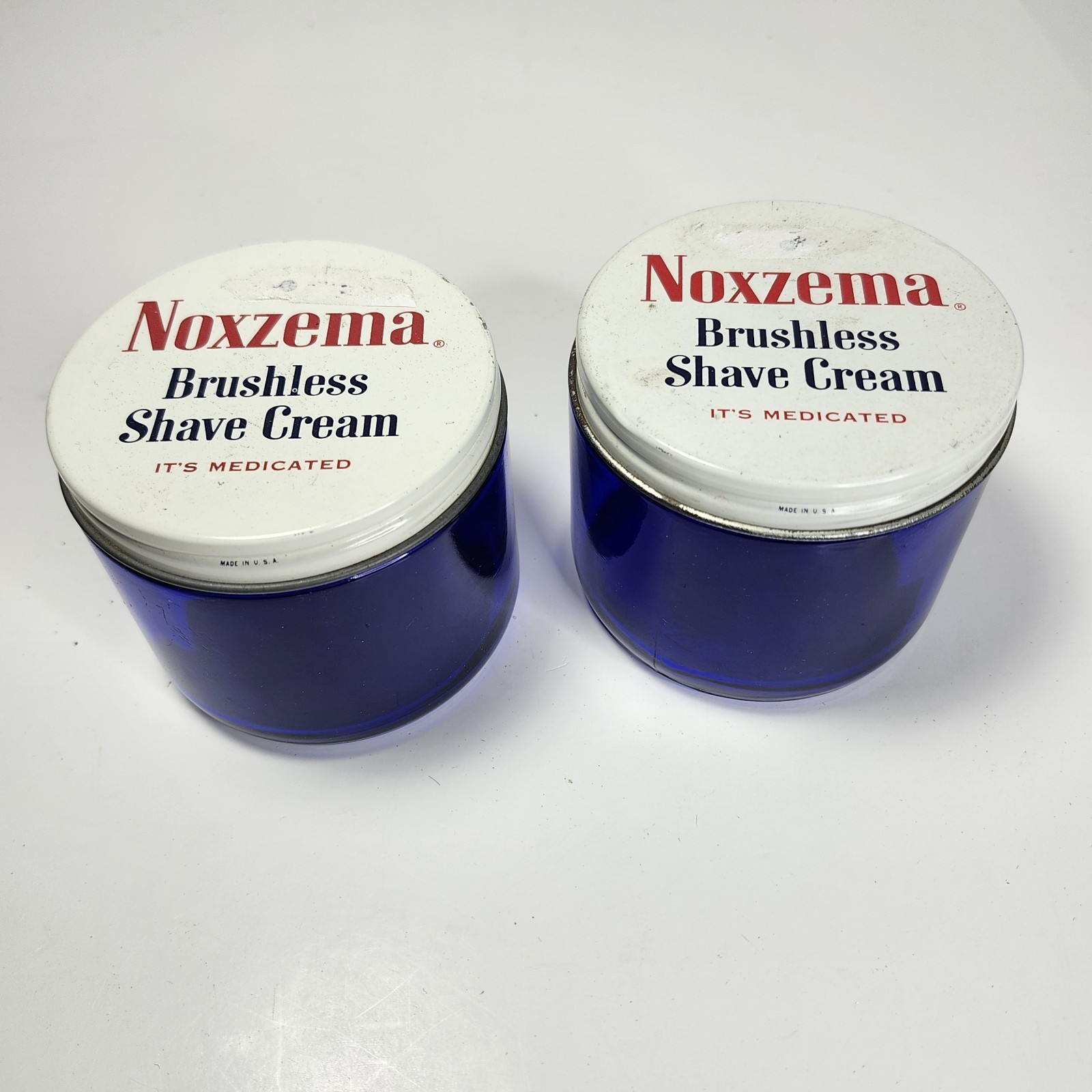 Vintage NOXZEMA  BRUSHLESS SHAVE CREAM COBALT BLUE JAR WITH LID  Lot Of 2 Excell