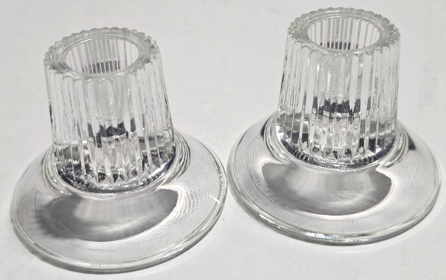 Vintage Reversible Ribbed Glass Candle Stick Holders Clear Set of 2