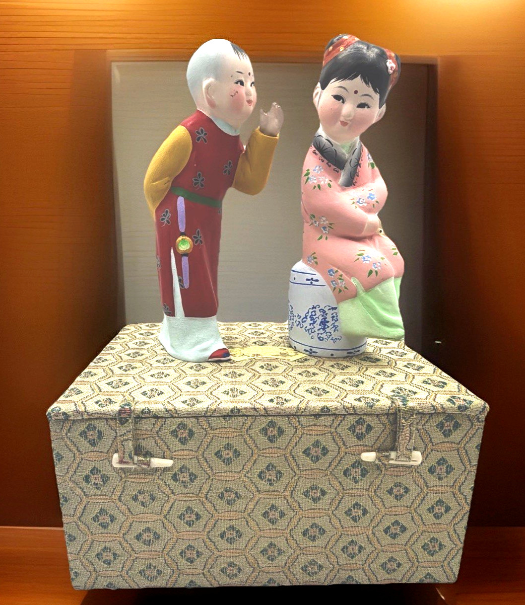 Vintage Chinese Niren Zhang Clay Figurines Boy Whispering Girl Set Box Paperwork
