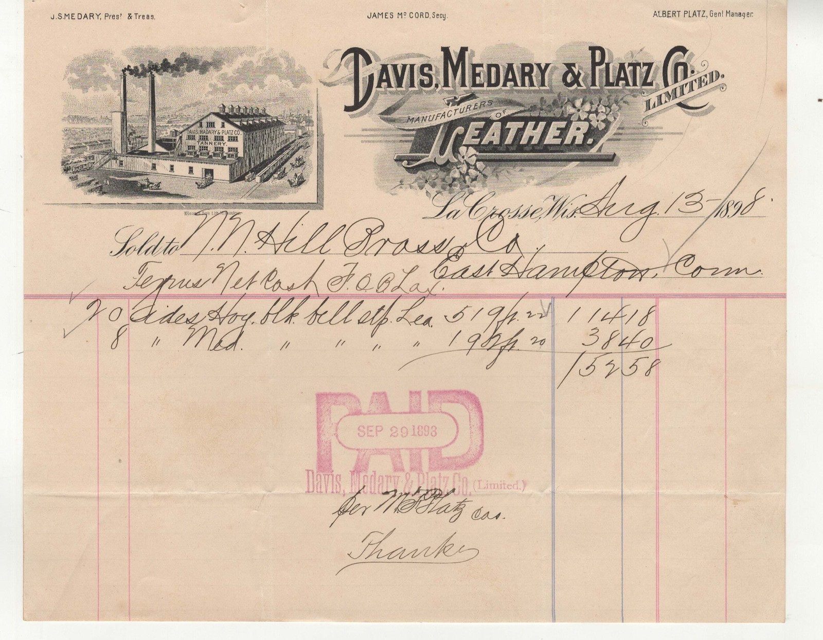 1898 Davis, Medary & Platz Co. La Crosse, Wis. Leather Illustrated Billhead