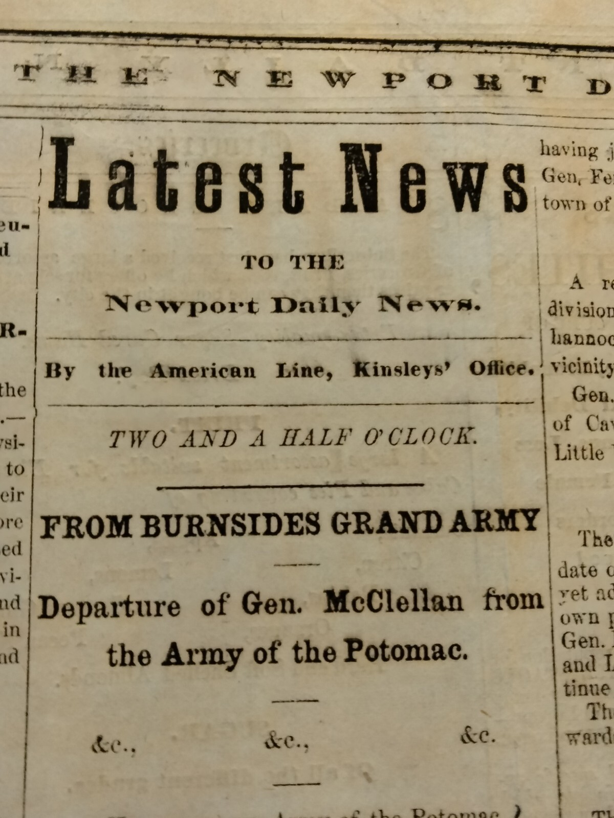 Civil War Newspapers- AMBROSE BURNSIDE NEW AOP COMMANDER,  GENERAL MCCLELLAN OUT