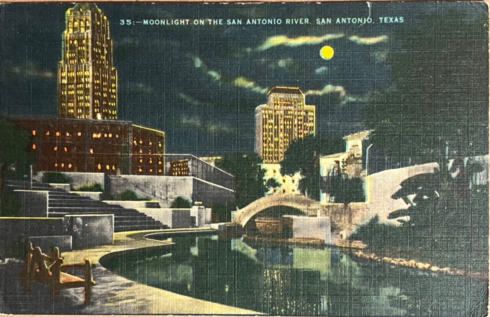 San Antonio Texas Night View Full Moon Postcard c1930