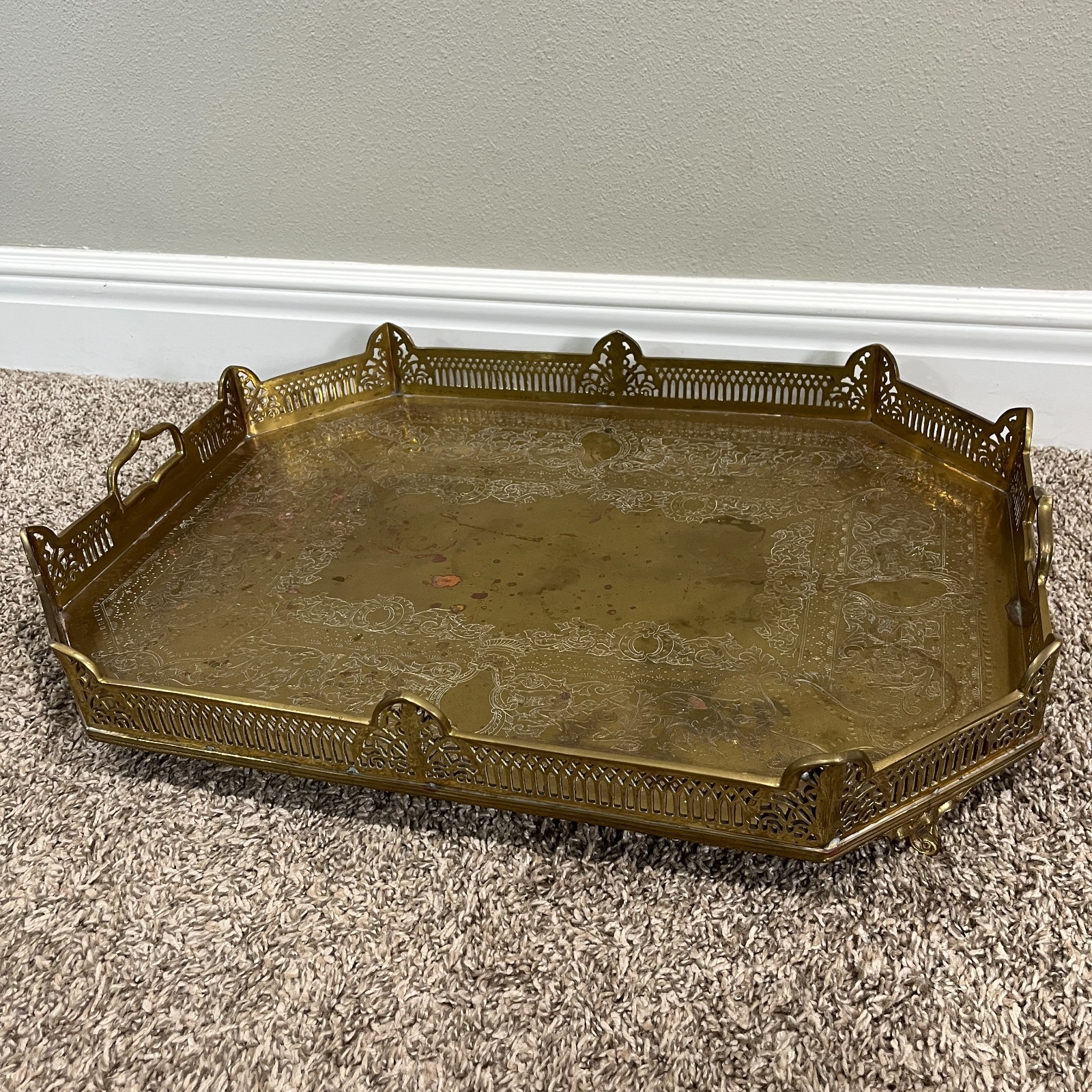 Mottahedeh Large Brass Footed Tray Vintage Centerpiece Octagonal Reticulated 24\