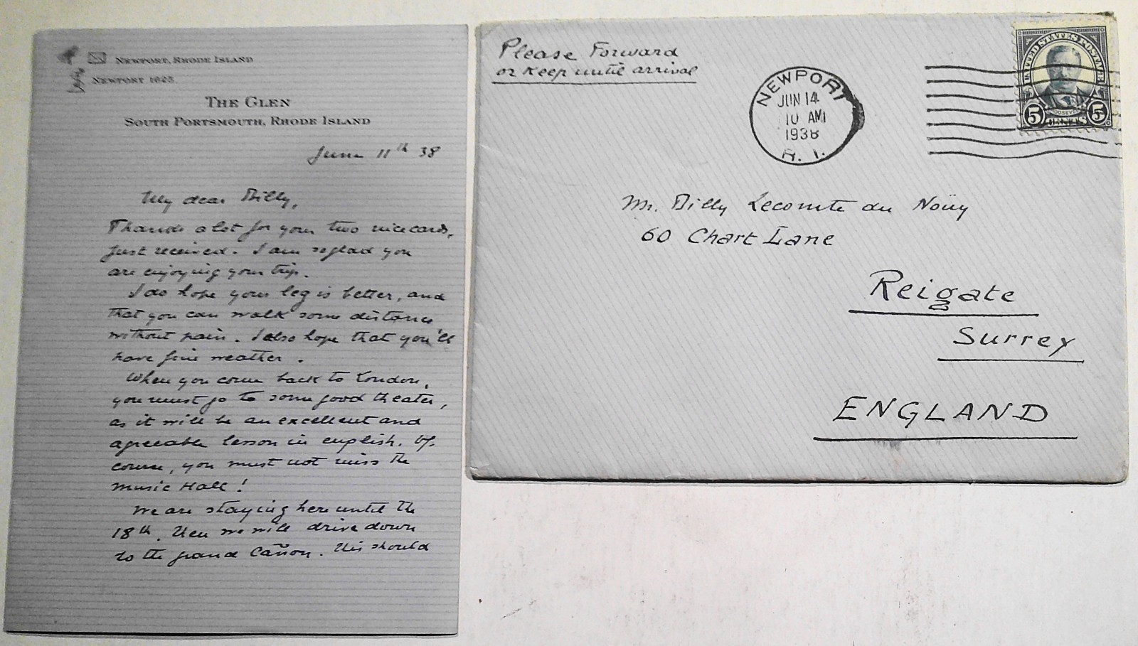 Pierre Lecomte du Noüy 1938 Handwritten Letter to Son, & Rhode Island Envelope