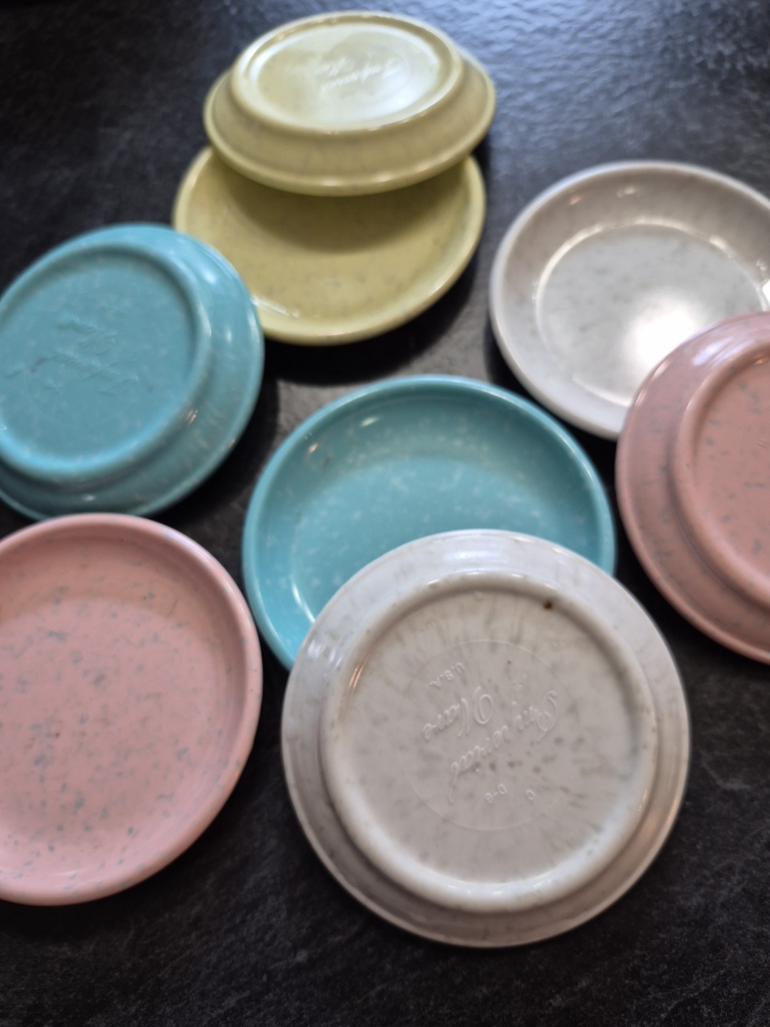 VTG Imperial Ware 8 USA Splatter Set Plates Varying Colors 3.5 Diameter