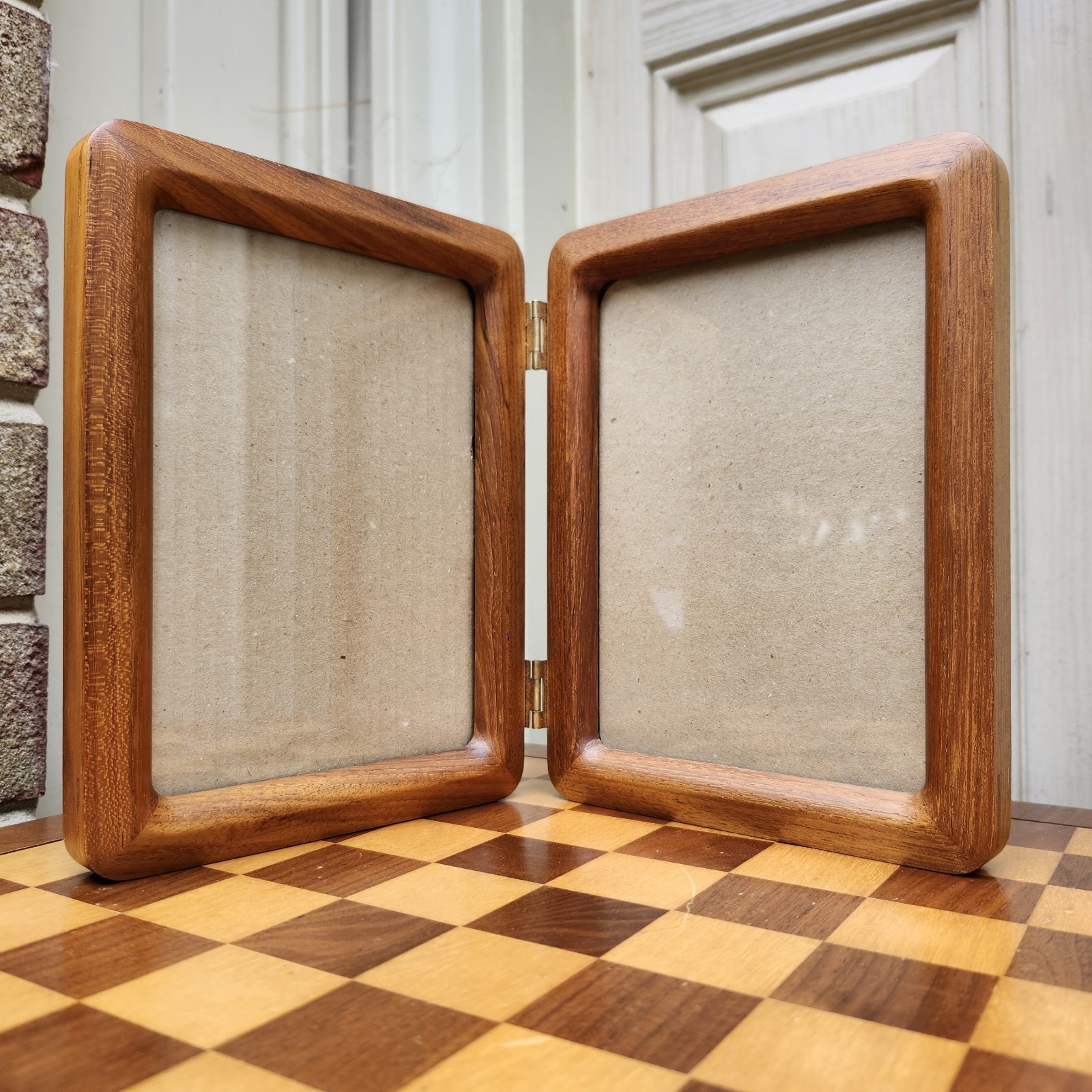 Vtg Teak Bifold Photo Picture Frame Danish Modern Gold Hinged Fetco MCM Thailand