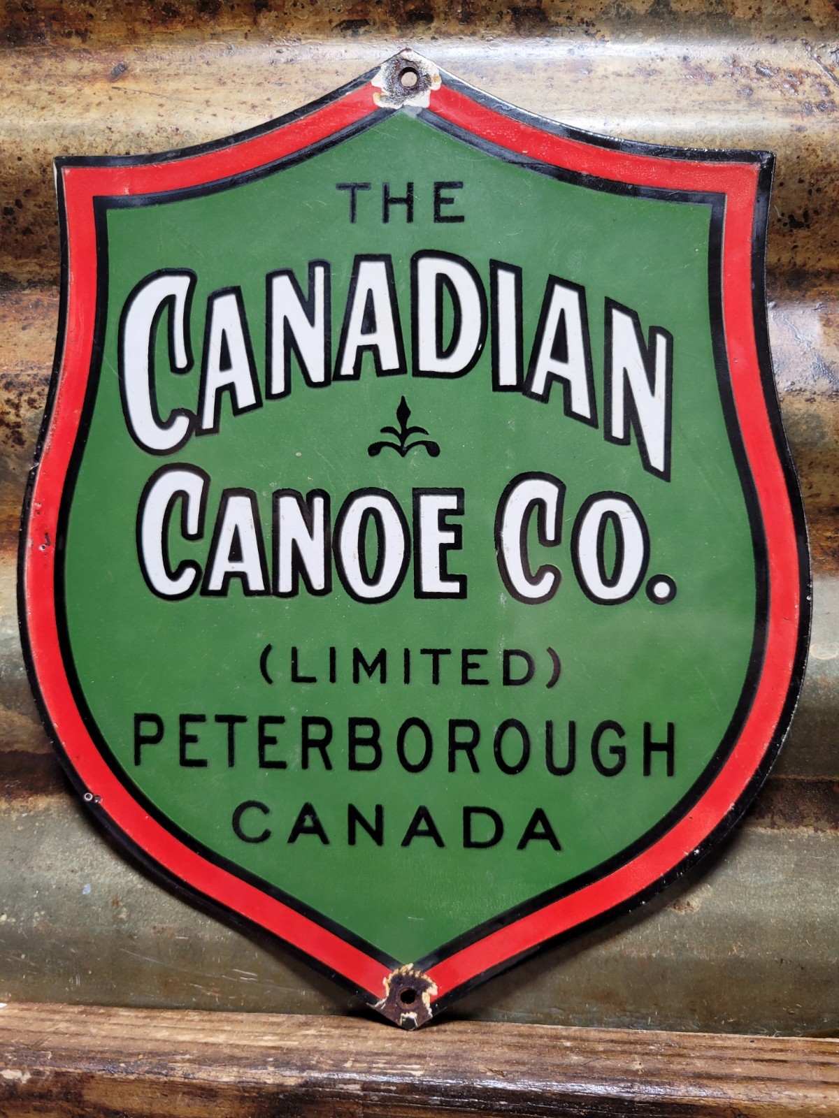 VINTAGE CANADIAN CANOE PORCELAIN SIGN OLD CANADA SPORTING GOODS BOATS LAKE RIVER