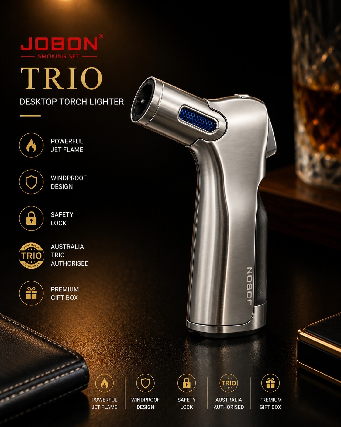 JOBON TRIO Luxury Torch Lighter Windproof Jet Flame Butane Silver