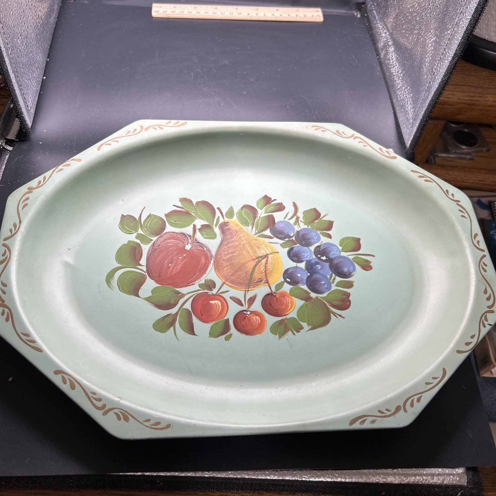 Vintage Nash Company Metal Tray Tole Painting Fruit 14.5x10.5 Inch MCM