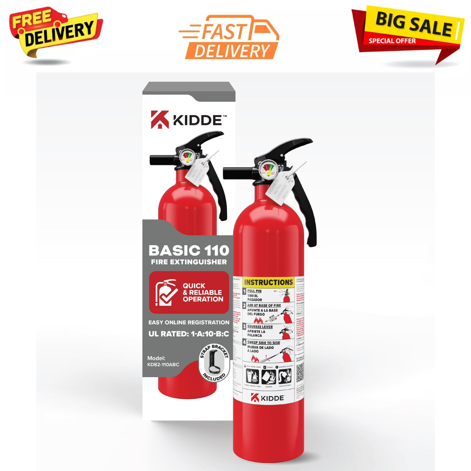 Kidde Basic Fire Extinguisher for Home Safety, Residential 1A10BC, 2.5 lbs