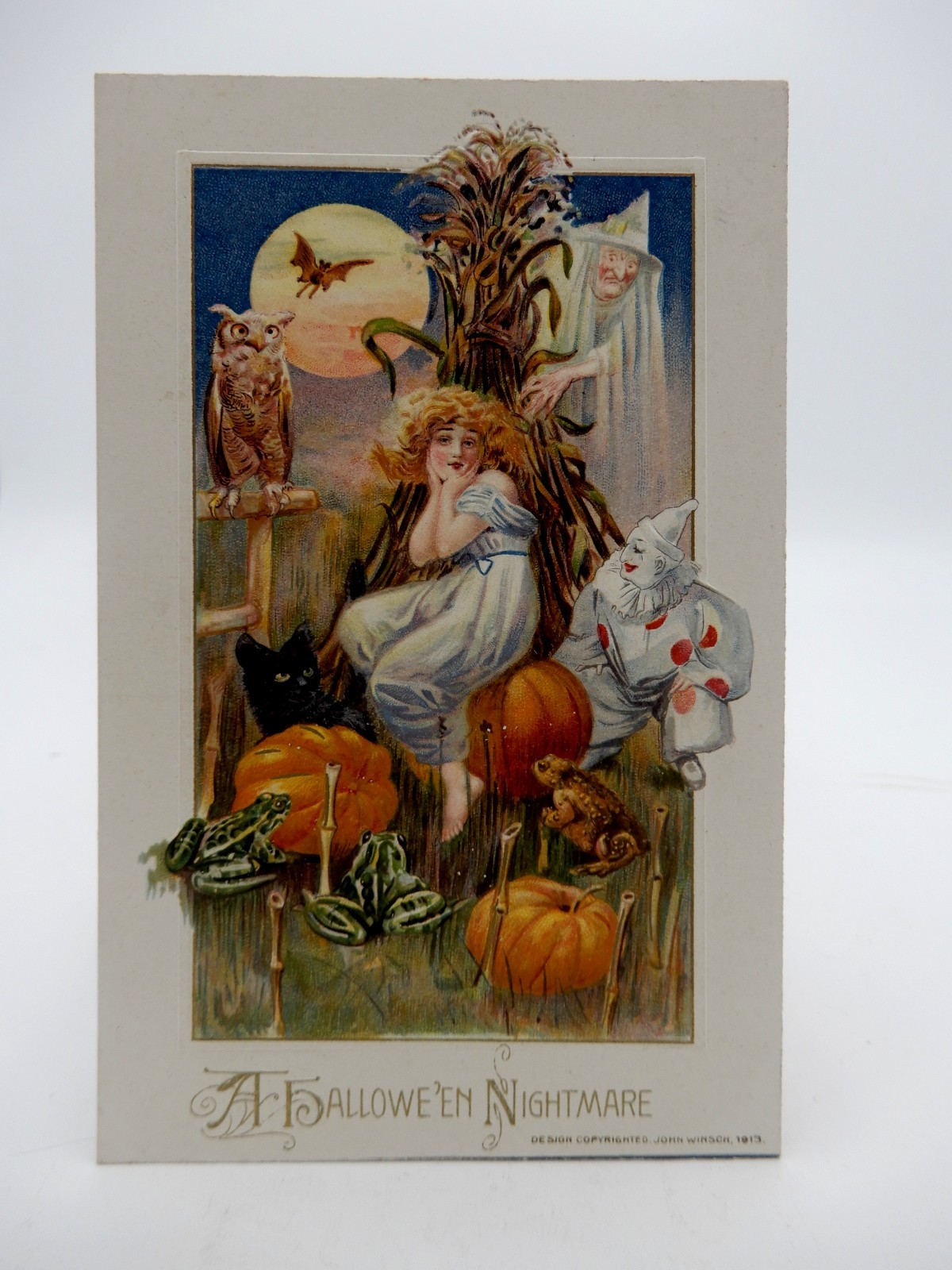 John Winsch Sam Schmucker Halloween Postcard Girl with Cat Bat Frogs Witch etc.