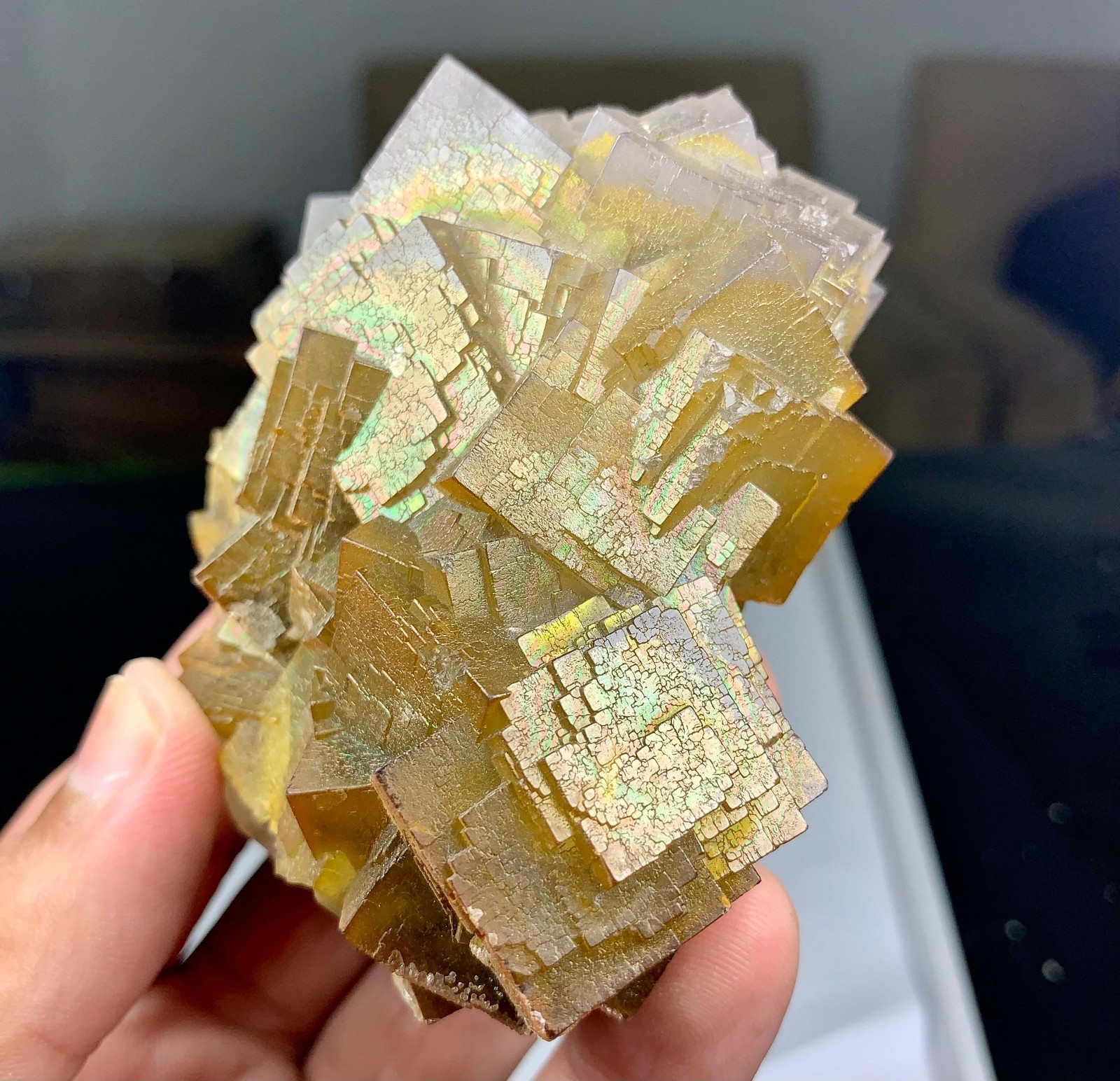 Rare Golden Iridescent Fluorite Cluster | Stepped Rainbow Fluorite, 334g