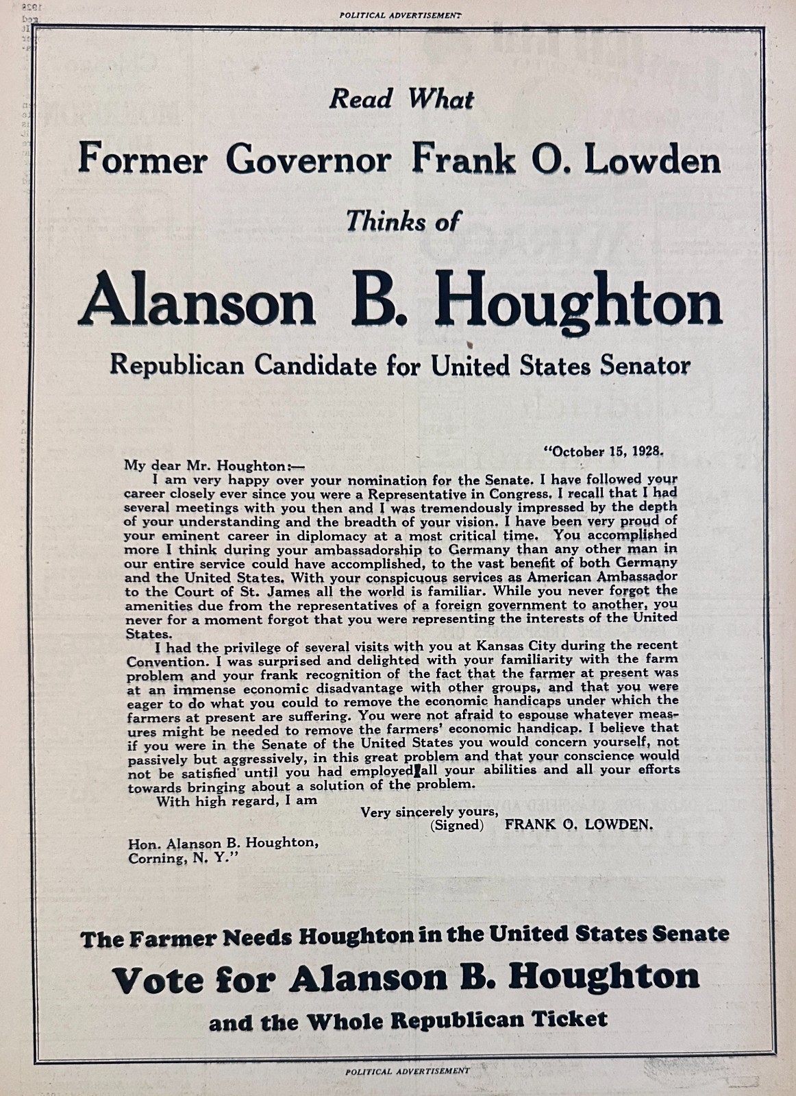 1928 Campaign Ad - Alanson B. Houghton -  New York US Senate Candidate Ad #2230