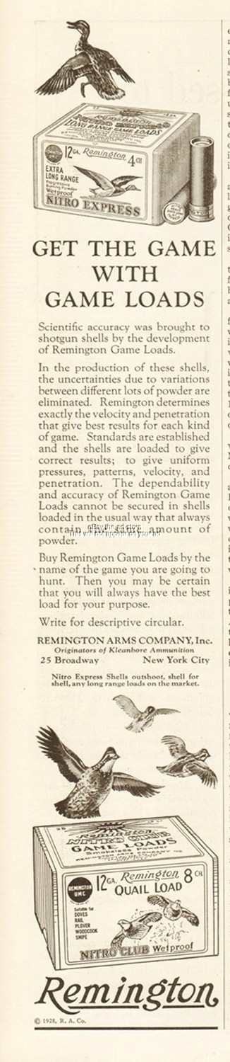 1928 Remington Shotgun Shells Ad Nitro Express Extra Long Range Quail Load Box