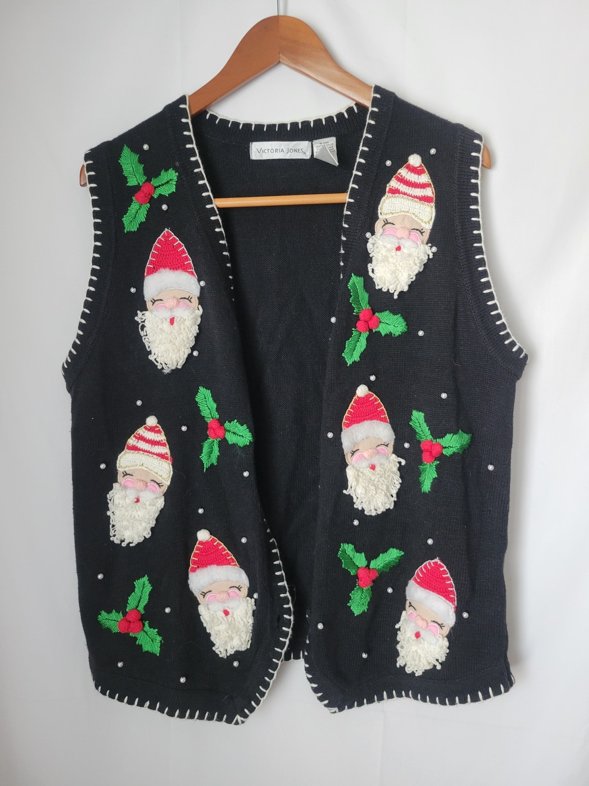 Victoria Jones Ugly Christmas Sweater Vest Women's M Black Santa Holly Applique