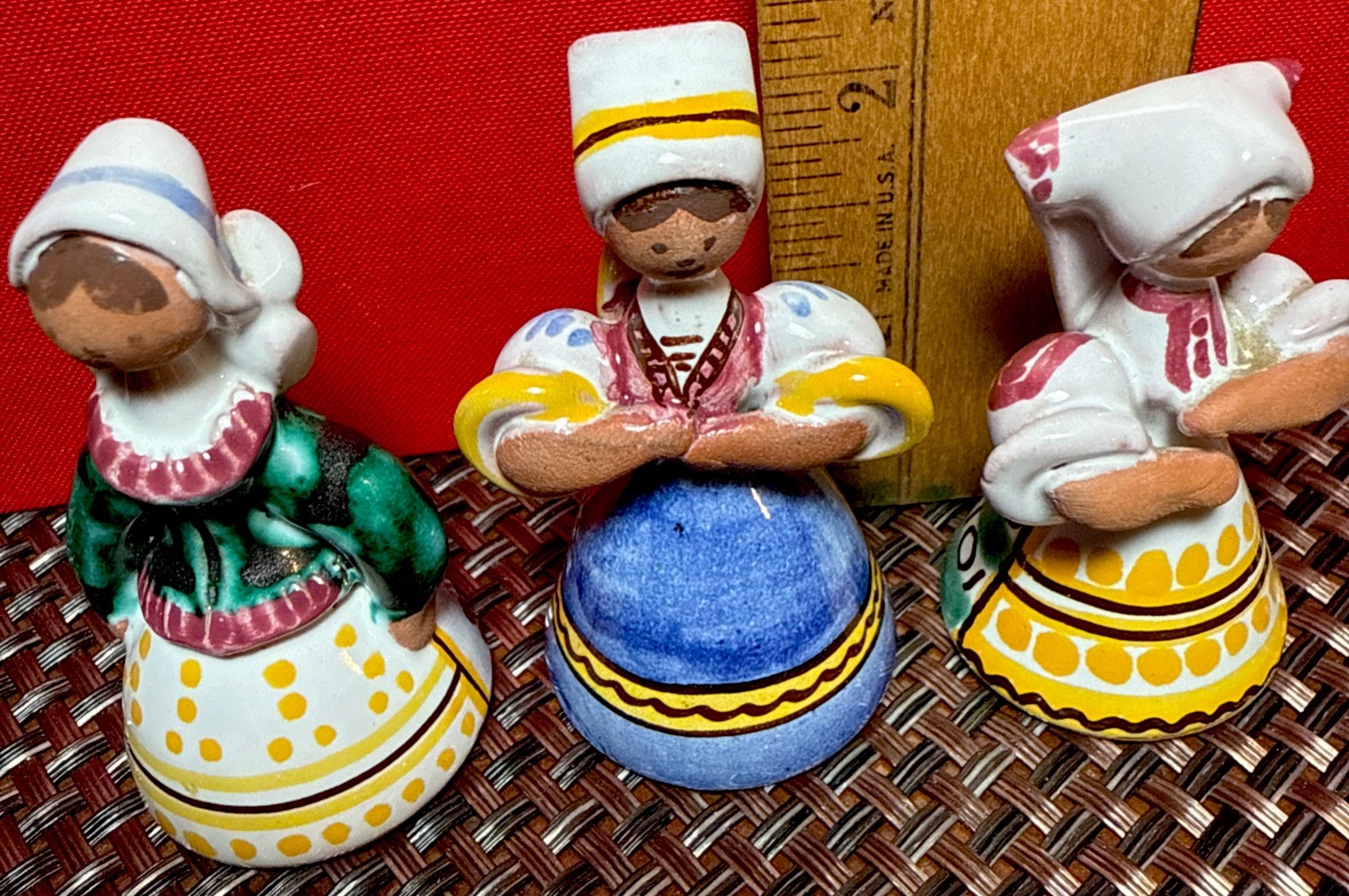 Three Red Ware Pottery Lady Figurines Czechoslovakia Folkart Handpainted Old