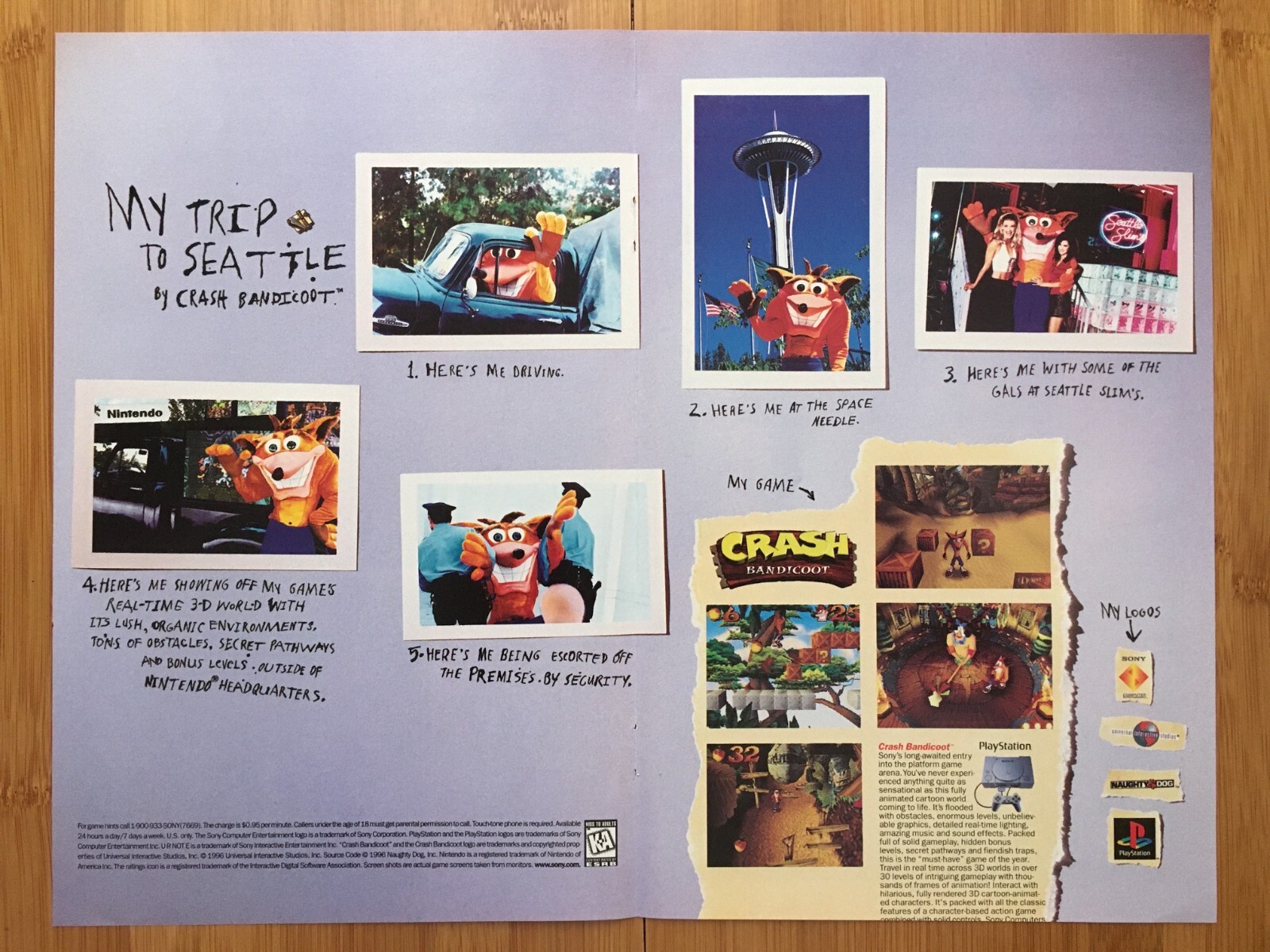 1996 Crash Bandicoot Playstation 1 PS1 Vintage Print Ad/Poster Official Art 90s