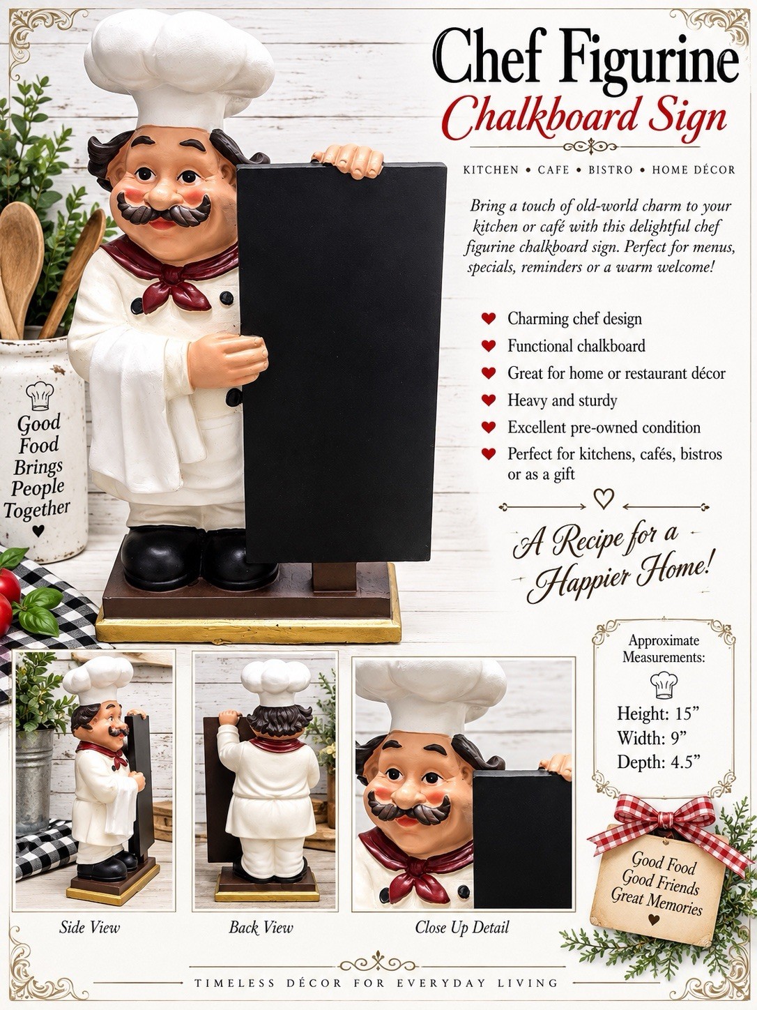 Vintage Resin 15’ French Chef Figurine Holding Chalkboard Sign Kitchen Decor