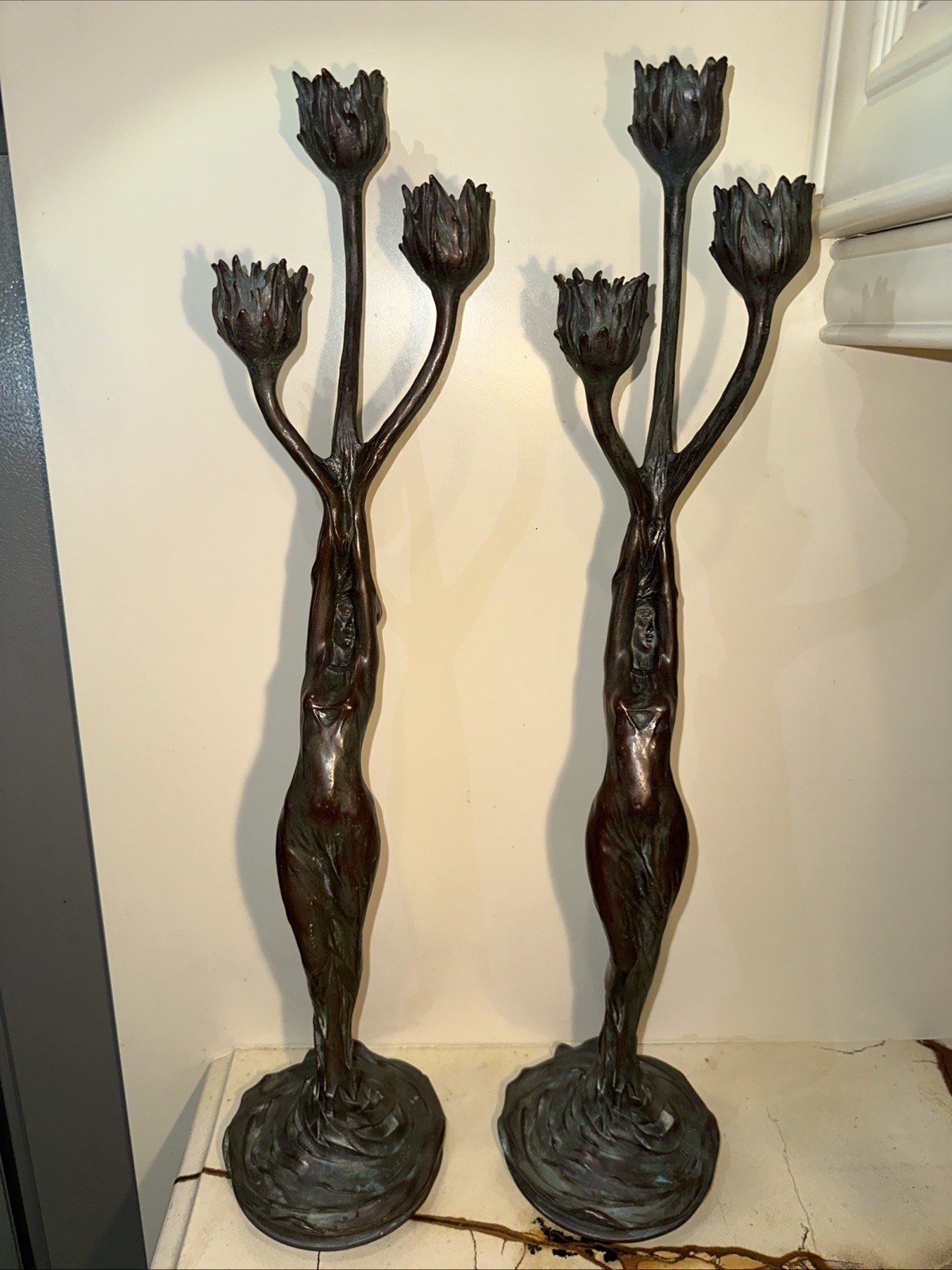Pair Of 22” Antique Firmin Bate Art Nouveau Bronze Figural Candelabra ~ France