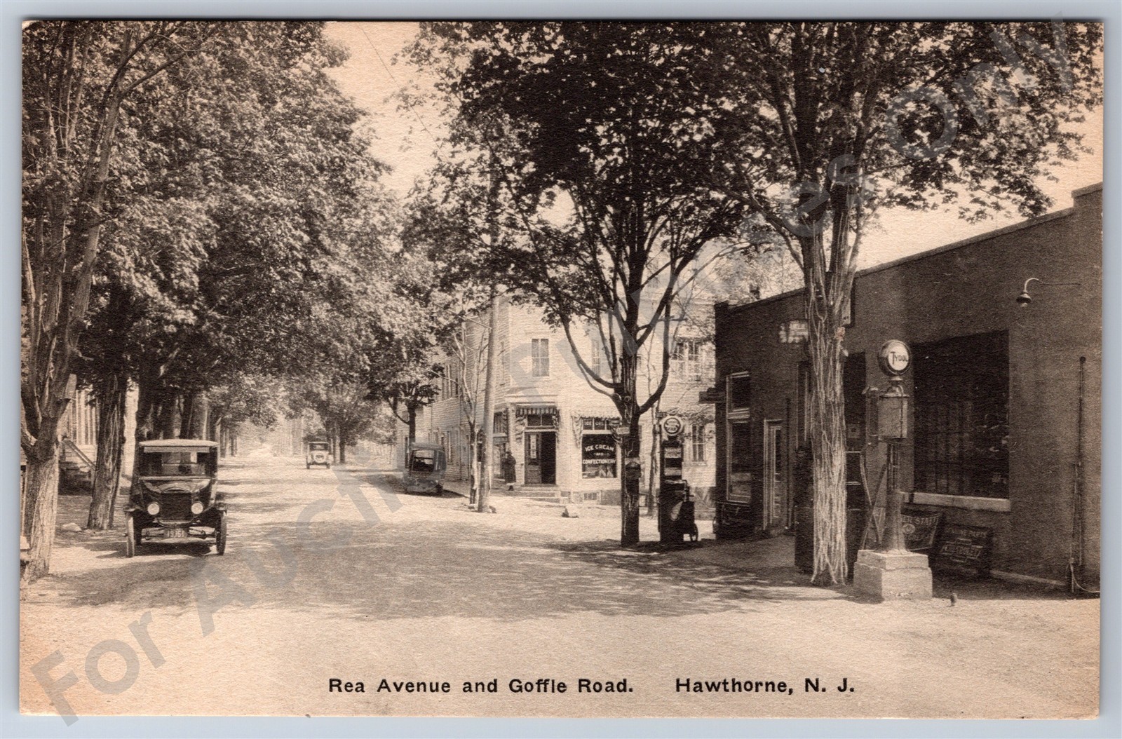 Hawthorne, NJ: Rea Ave/Goffle Rd vintage New Jersey Postcard, Tydol Gas/Old Car