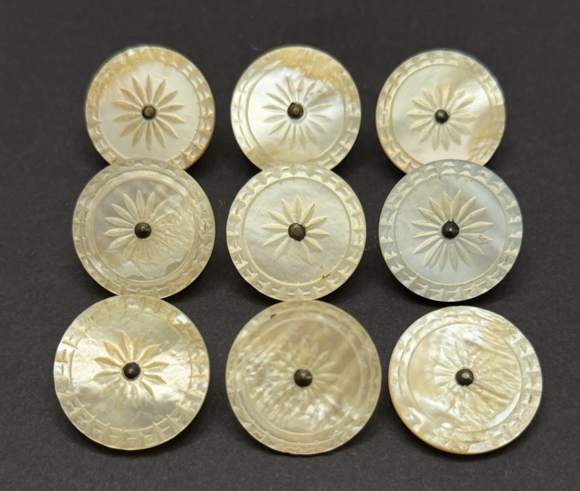 LOVELY Vintage Set of 9 Carved MOP Buttons w/Pin Shank - 1\