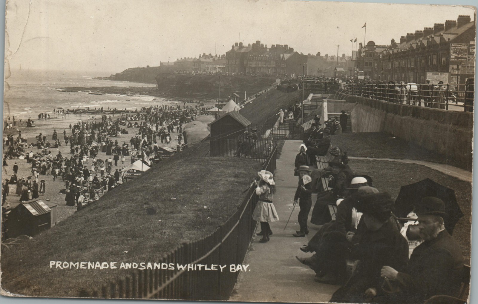 Promenade and Sands in Whitley Bay England Beach Crowd 1914 RPPC Postcard