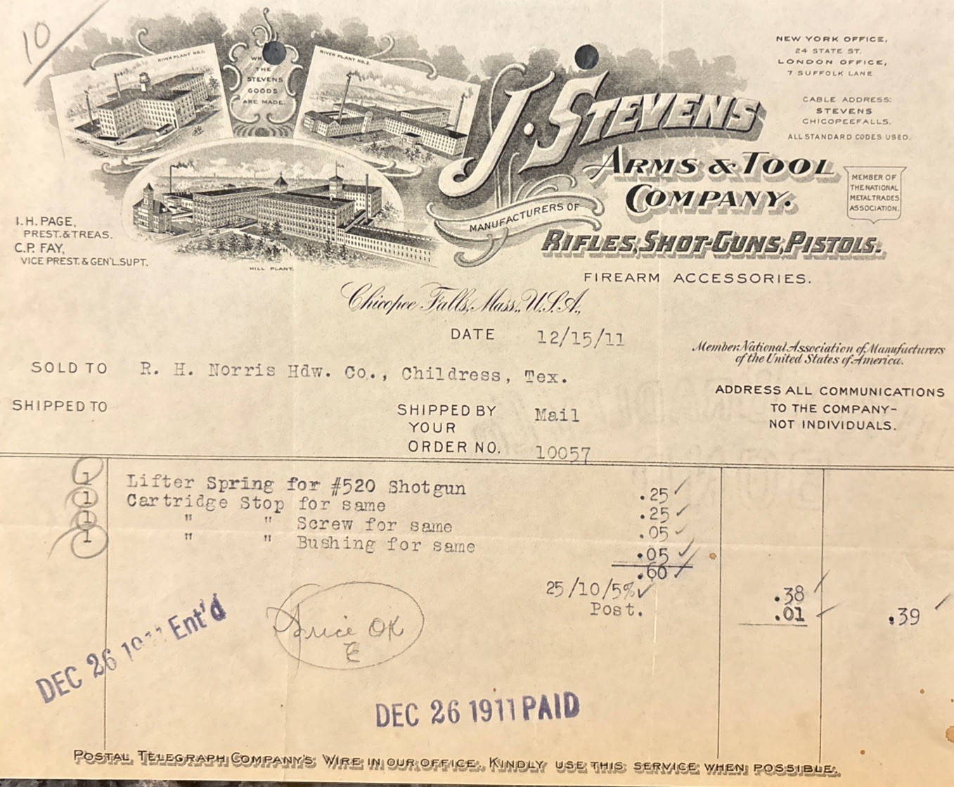 J Stevens Arms & Tool- Rifles, Shotguns & Pistols Fancy Letter Head Bill-1911