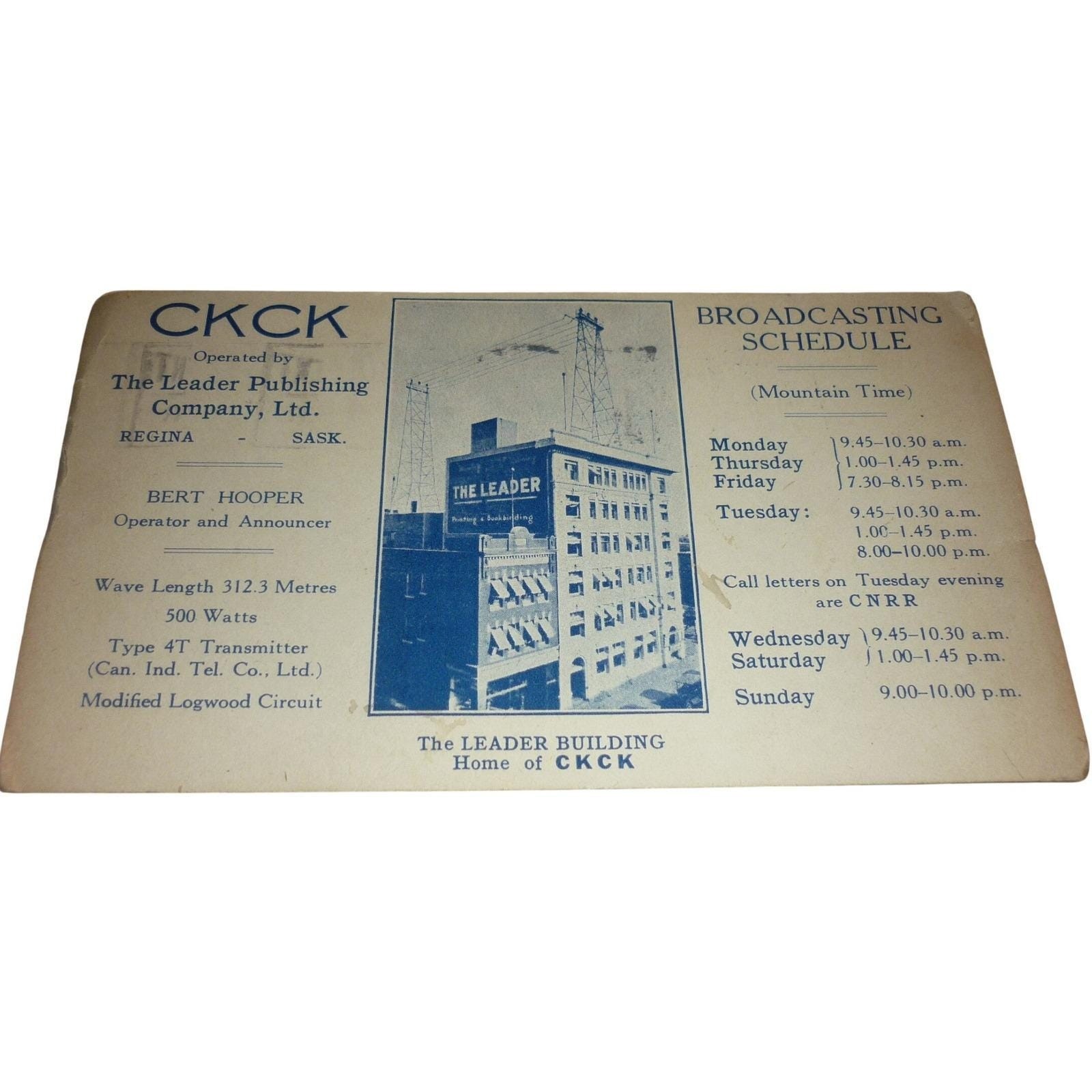 Vintage 1926 CKCK Radio Regina Sask QSL Postcard Bert Hooper Leader Building