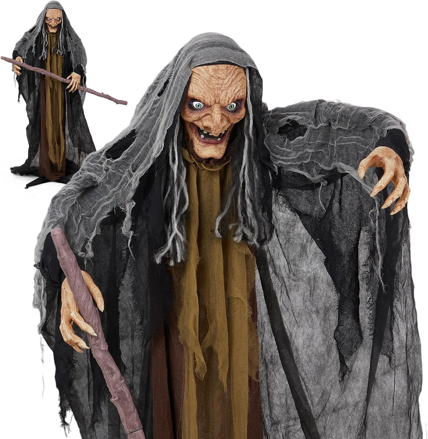 Outvita Halloween Decorations 5.3ft Standing Cane Witch Voice Activated， Emits W