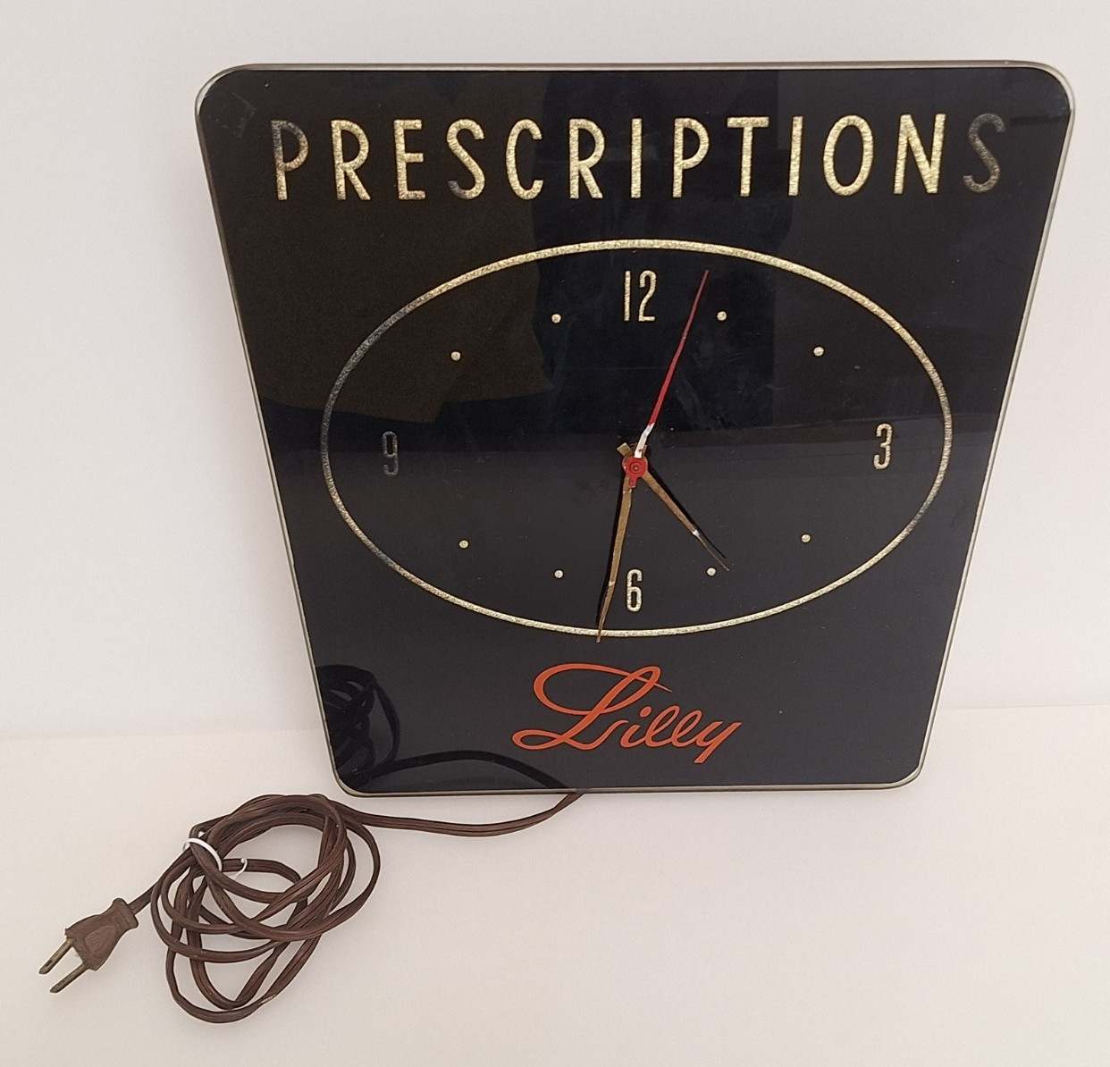 Vintage Lilly Pharmacy Clock Prescription Black  Glass TESTED WORKING Price Bros