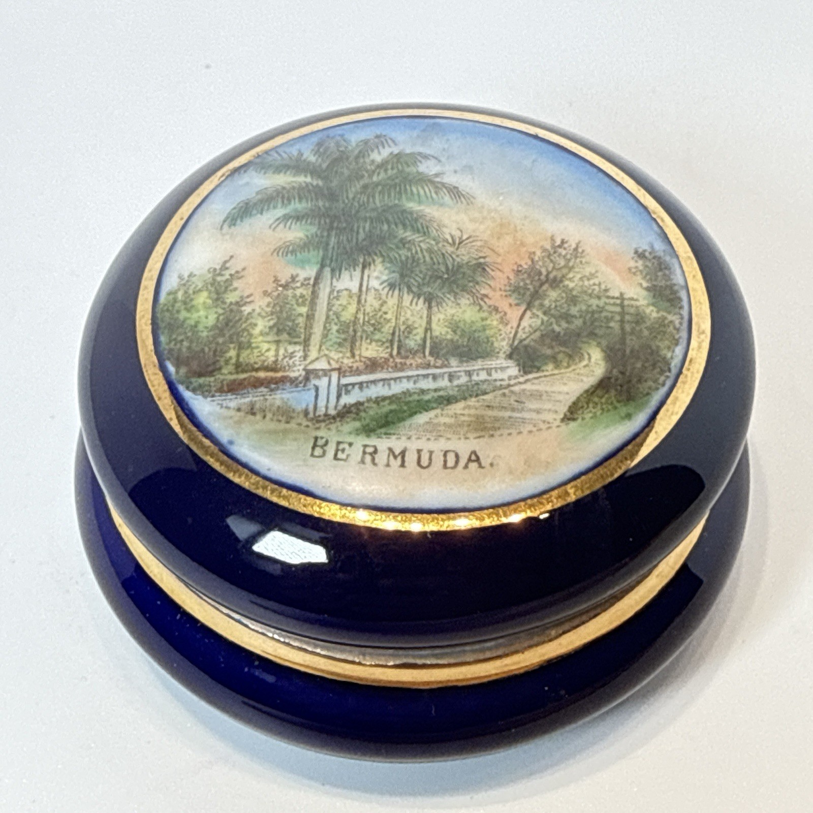 BERMUDA Souvenir ANTIQUE Painted COBALT DISH PAINTED GOLD TRINKET BOX