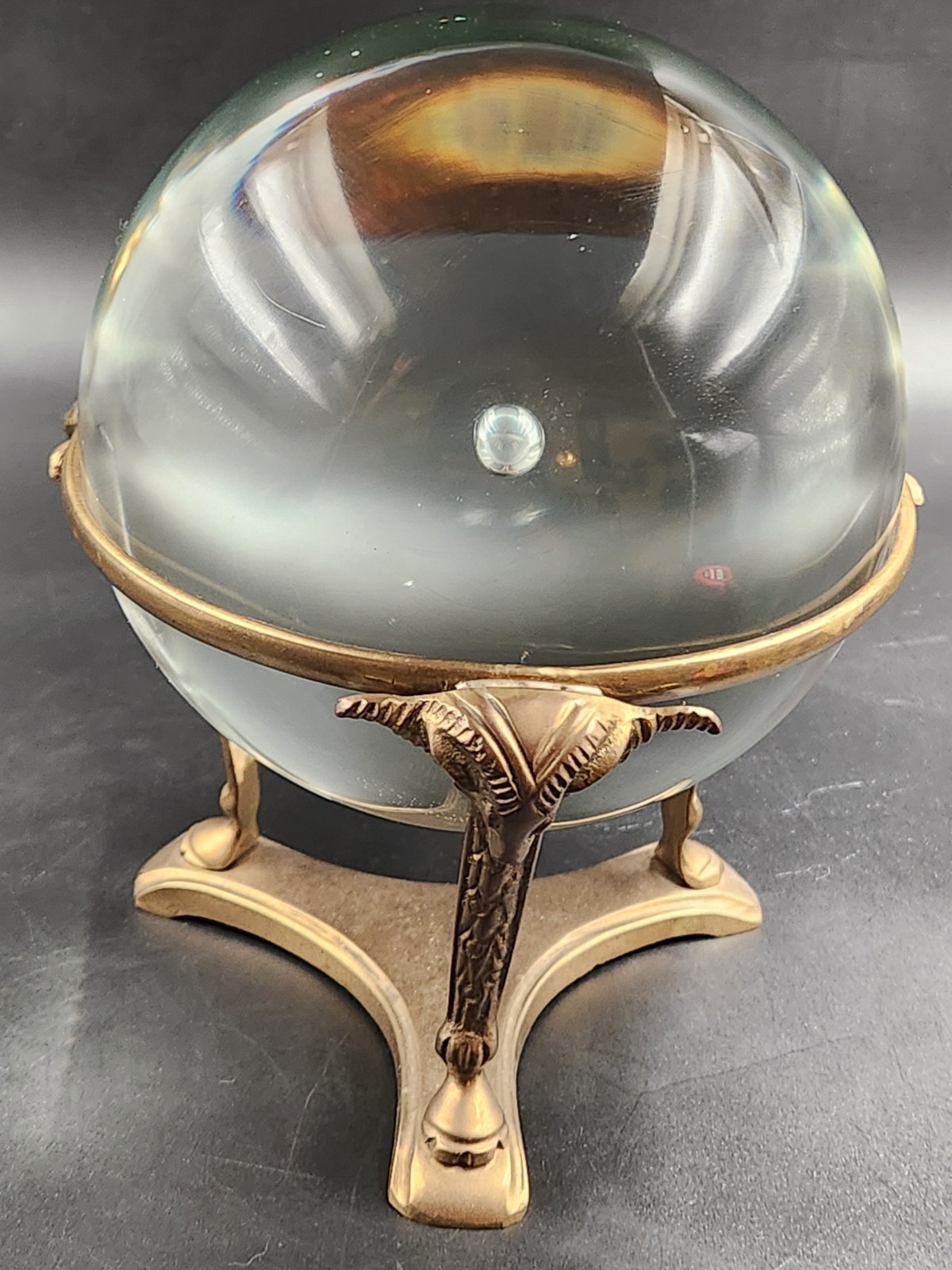 Glass Sphere On Vintage Brass Tripod Stand with Ram's Heads