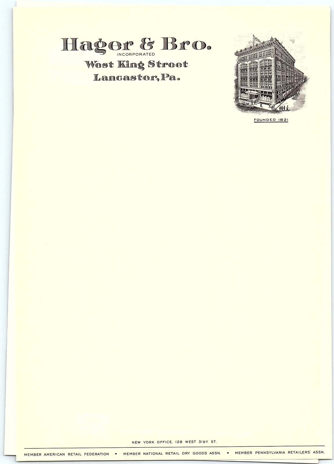 Vintage Hager & Bro. Lancaster, PA Department Store Letterhe