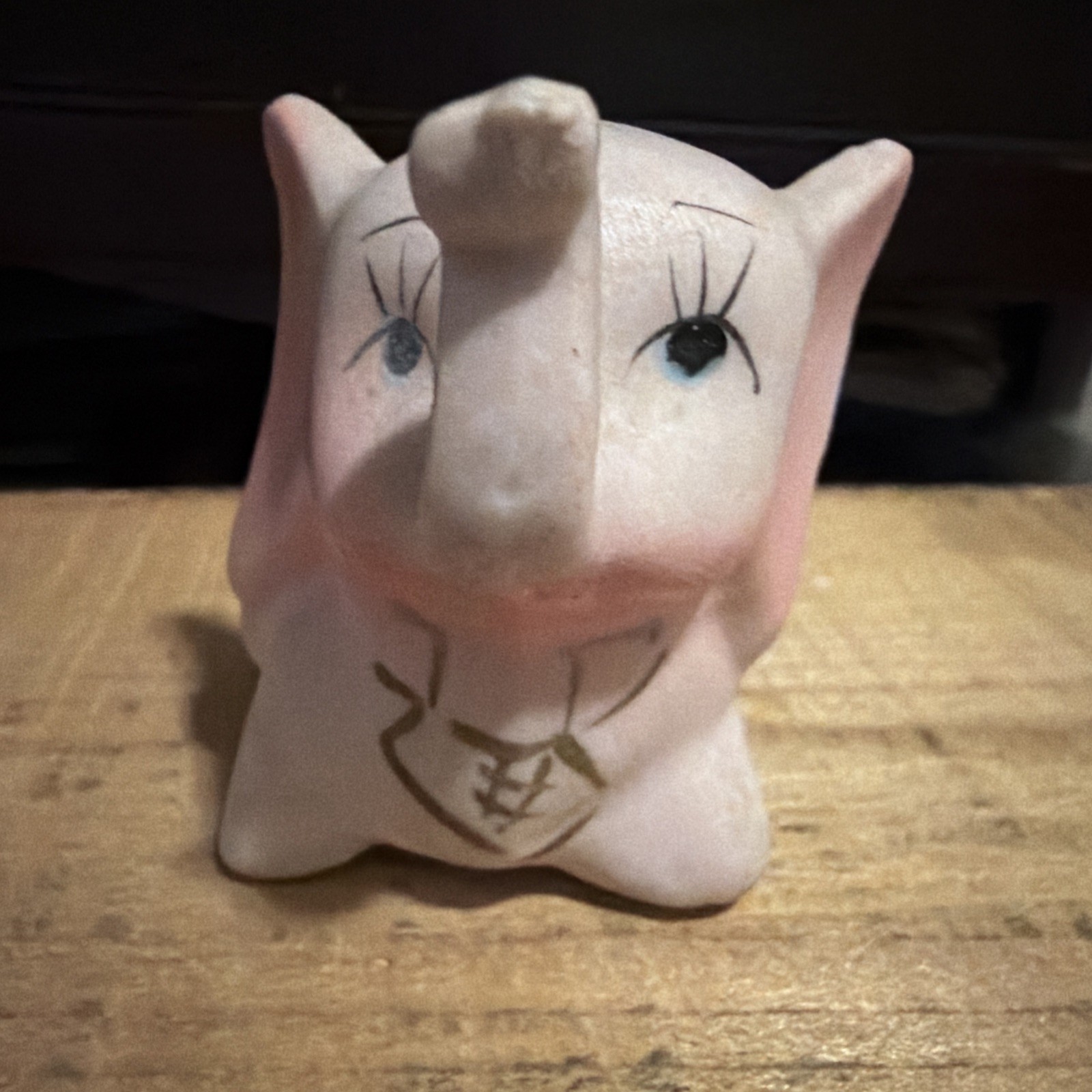 Vintage Brinn's LITTLE PINK ELEPHANT Bisque Figurine wearing NECK TIE Trunk Up