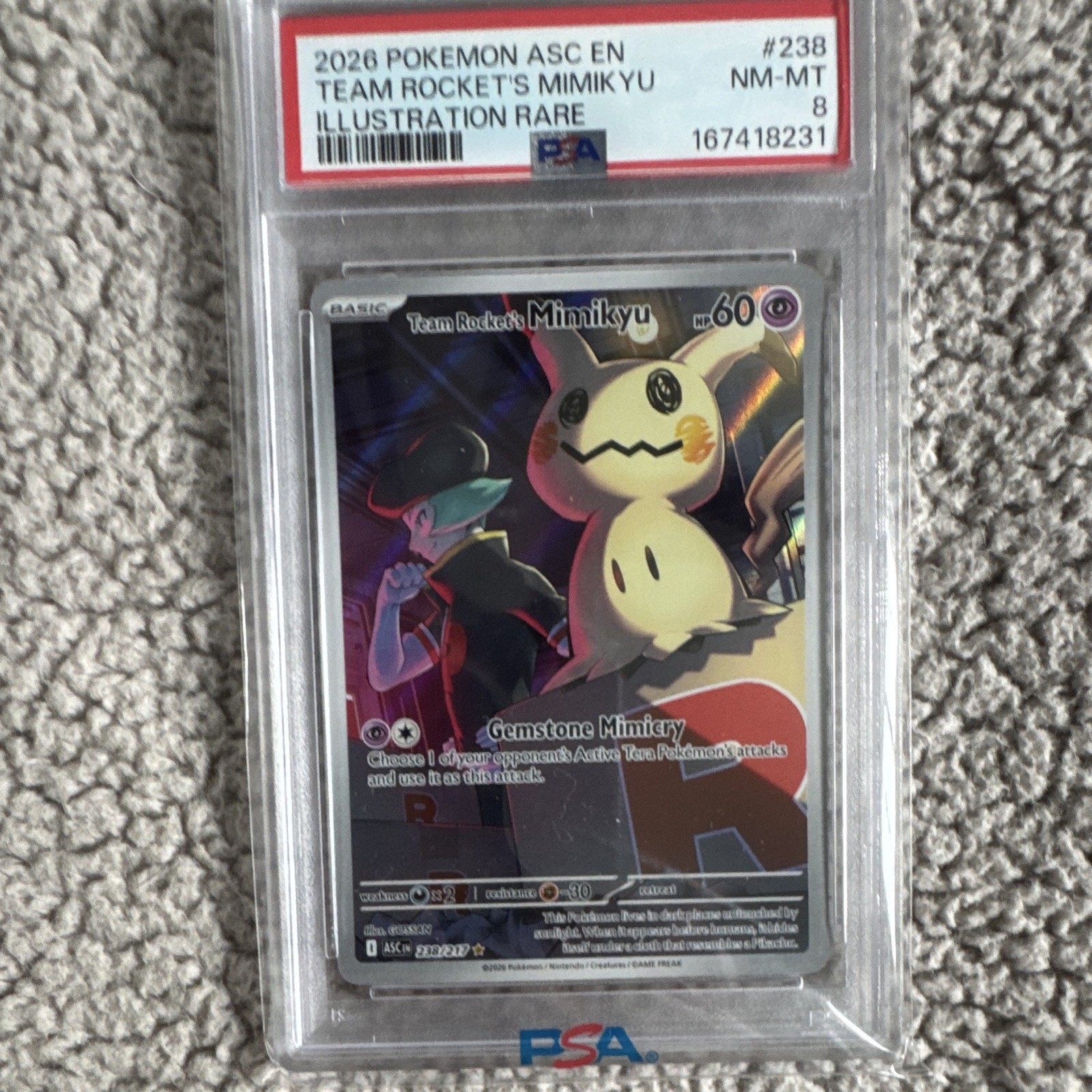 Pokémon Team Rocket's Mimikyu Illustration Rare #238/217 PSA 8 (ASC EN) Pokémon Team Rocket's Mimikyu Illustration Rare #238/217 PSA 8 (ASC EN)