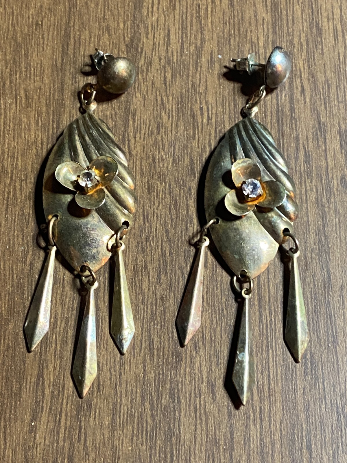 Vintage Gold Tone & Rhinestone Pierced Post Dangle Earrings 3