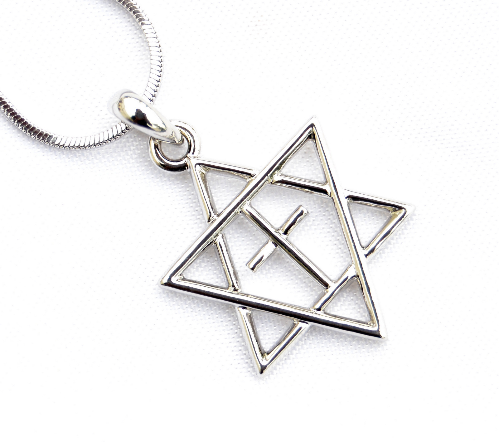 H.quality Necklace & pendant rhodium silver.Jewish Star of David&Cross holyland