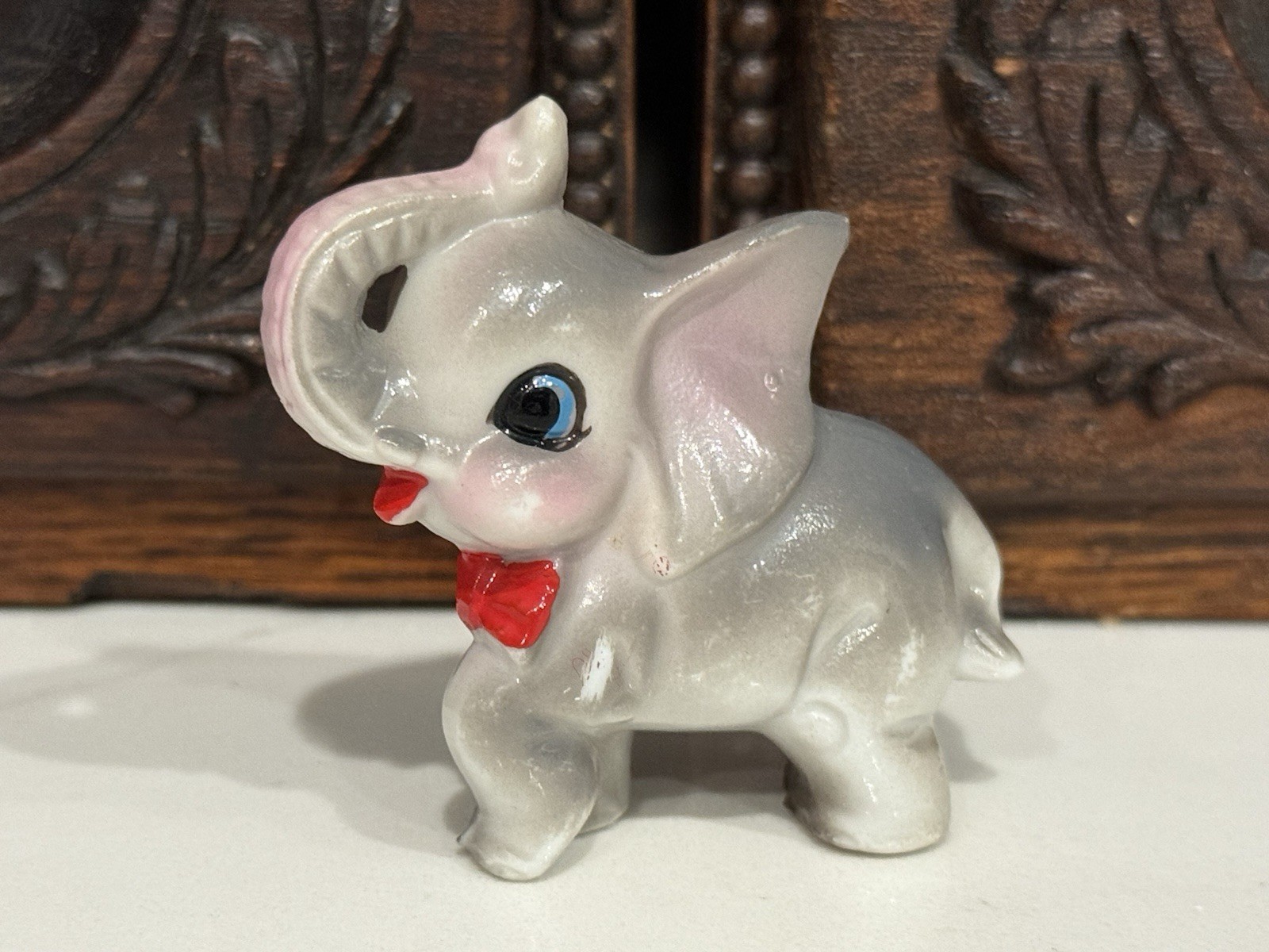Vtg. Ceramic Baby Elephant Anthropomorphic Figurine With Red Bow Tie Japan