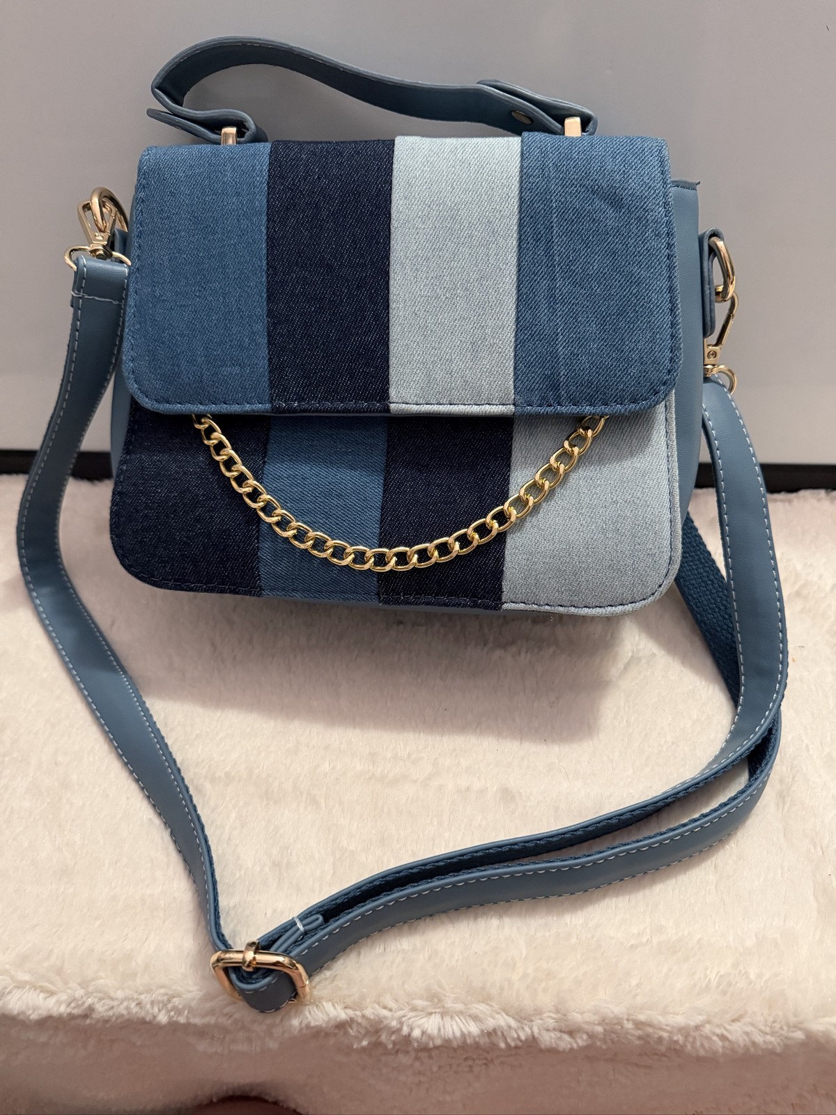 Denim Patchwork Shoulder Bag Blue Striped Chain Accents
