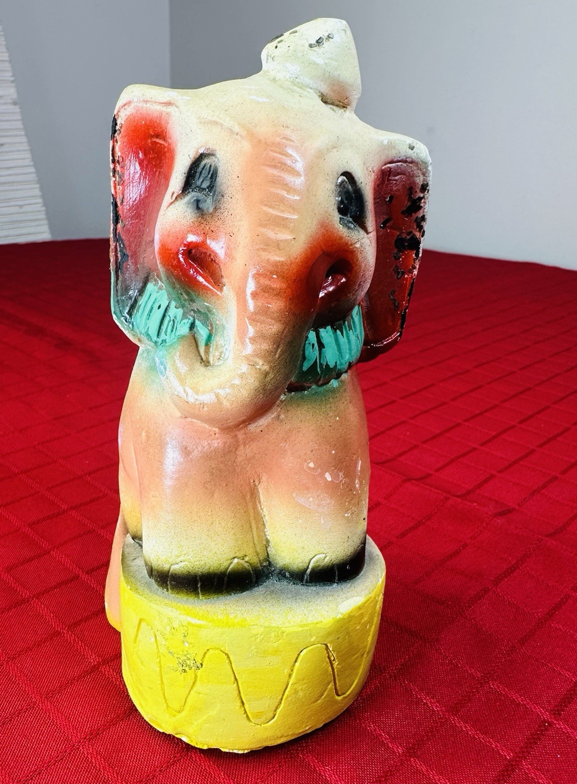 Vtg Chalkware Elephant Bank 6.5” 1940s-50s Circus Style Coin Slot Piggy Bank