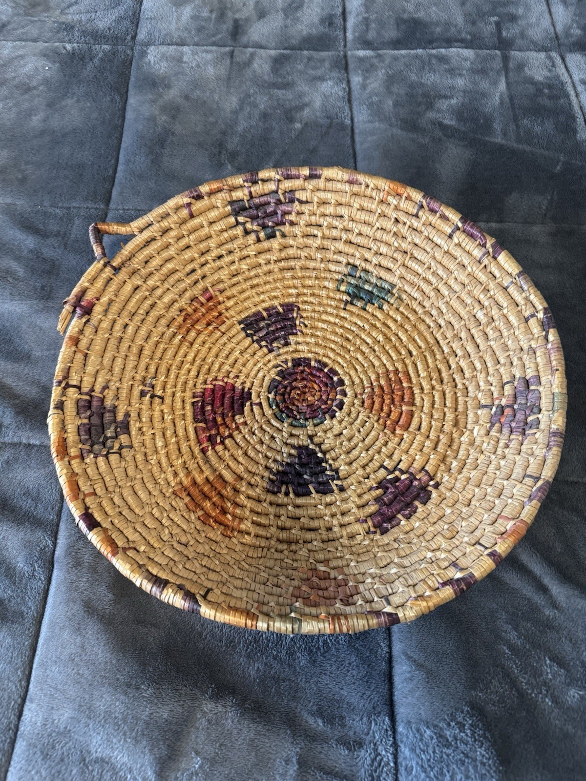 VINTAGE JICARILLA APACHE BASKET 17x3” Native Indigenous Coil Handmade Multicolor