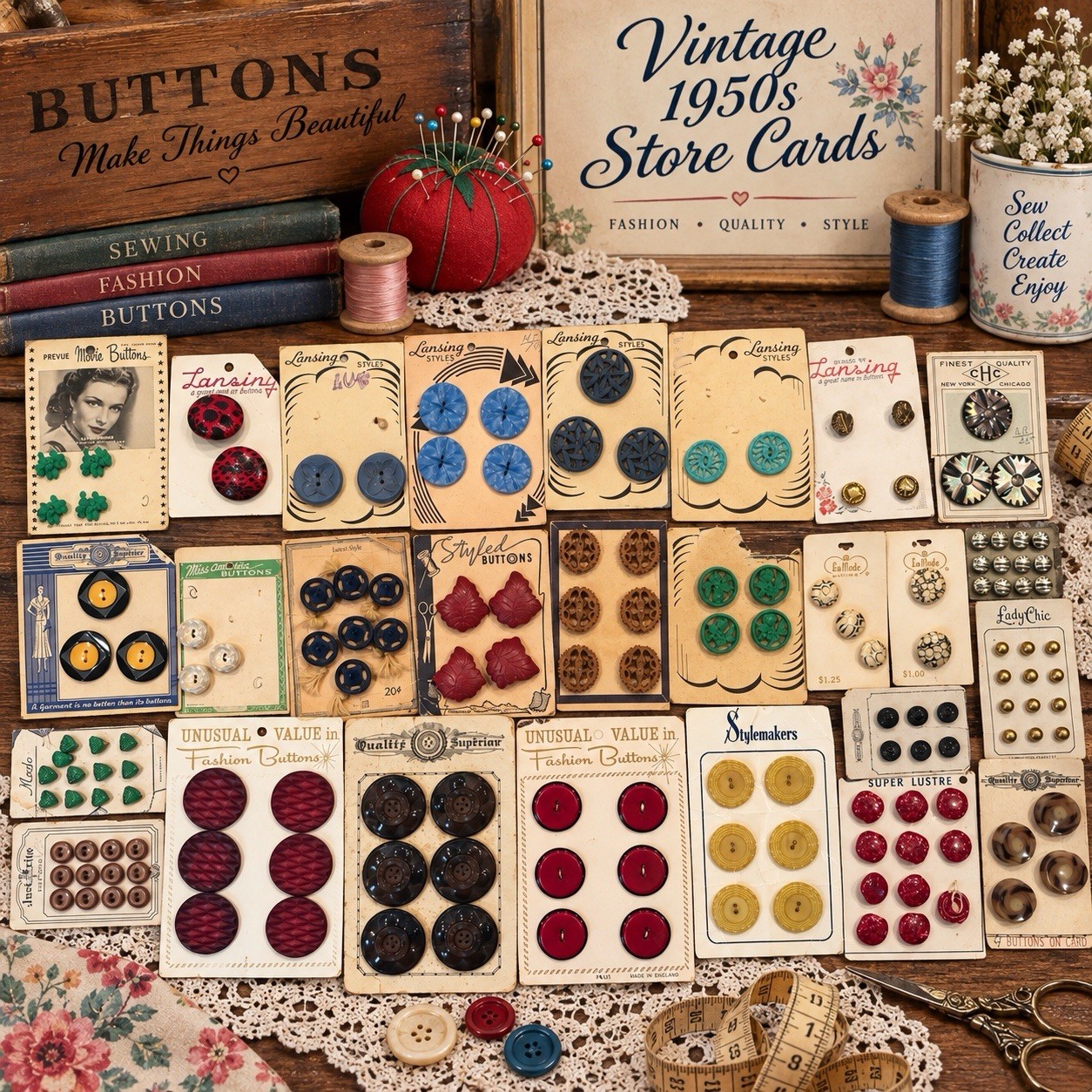 Vintage 1950\'s BUTTONS store cards~ bakelite, celluloid, wood, pearl, plastic