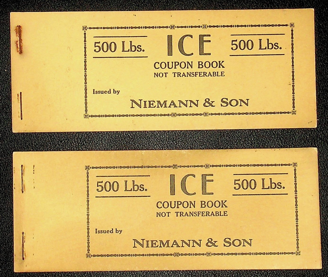Lot of 2 Antique Vintage Niemann & Son Ice Coupon Book 500 Lbs. - X-114