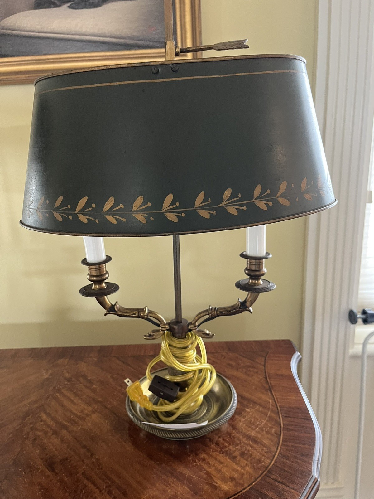 French Empire Style Bouillotte Brass Table Lamp with Green Tole Shade and Arrow. French Empire Style Bouillotte Brass Table Lamp with Green Tole Shade and Arrow.
