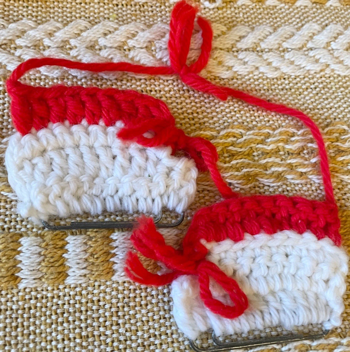 Vintage Ice Skates Knit Crocheted Yarn Red White Handmade Christmas Ornaments