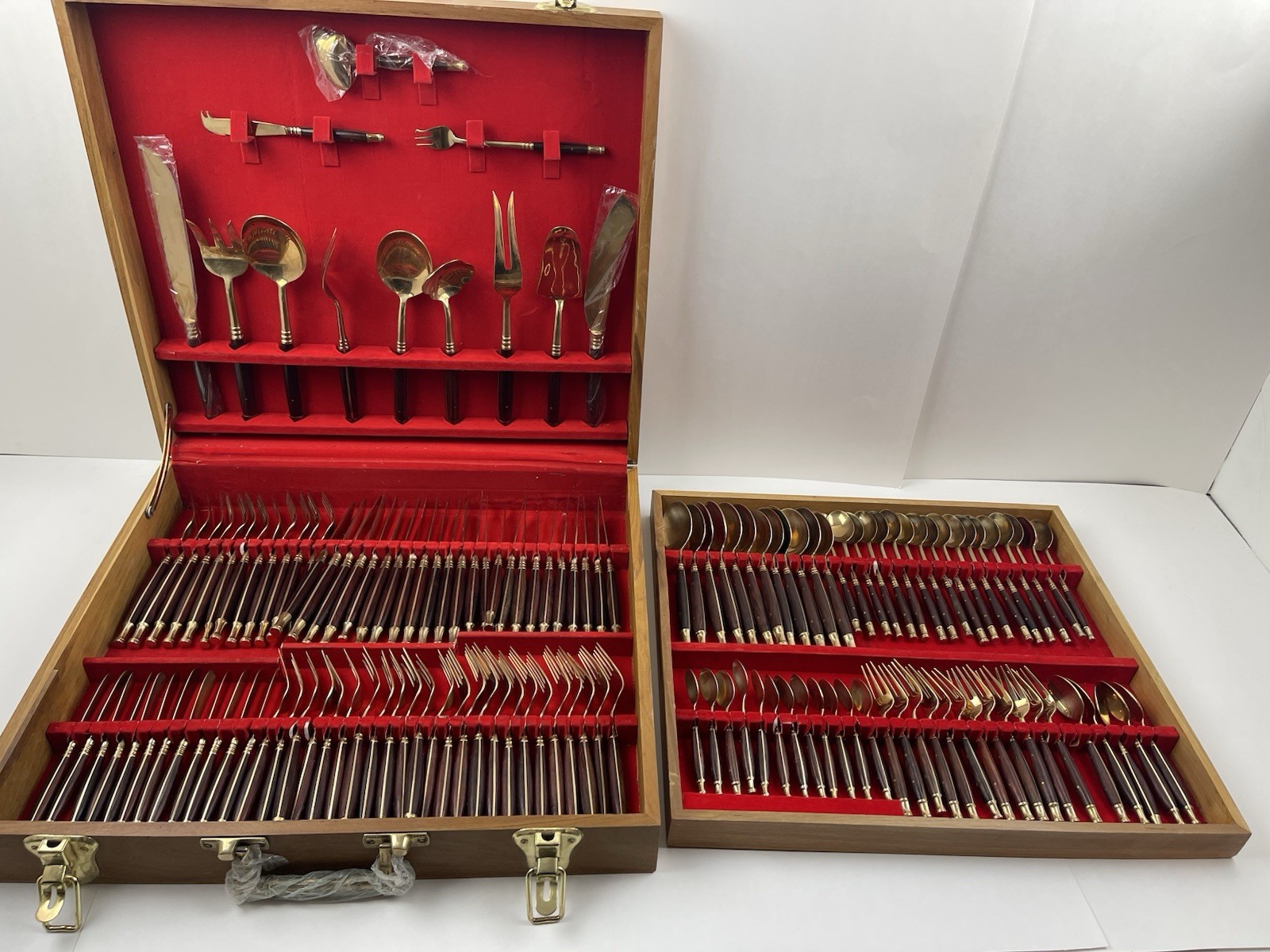 142 Piece Brass Flatware Set With Wooden Box, Made In Thailand 142 Piece Brass Flatware Set With Wooden Box, Made In Thailand