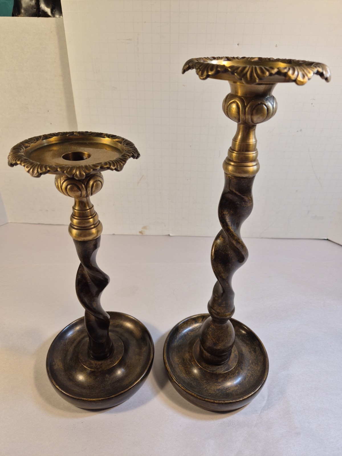 Maitland Smith Bronze & Brass Barley Twist Candle Sticks Patina Vtg Pair Large Maitland Smith Bronze & Brass Barley Twist Candle Sticks Patina Vtg Pair Large