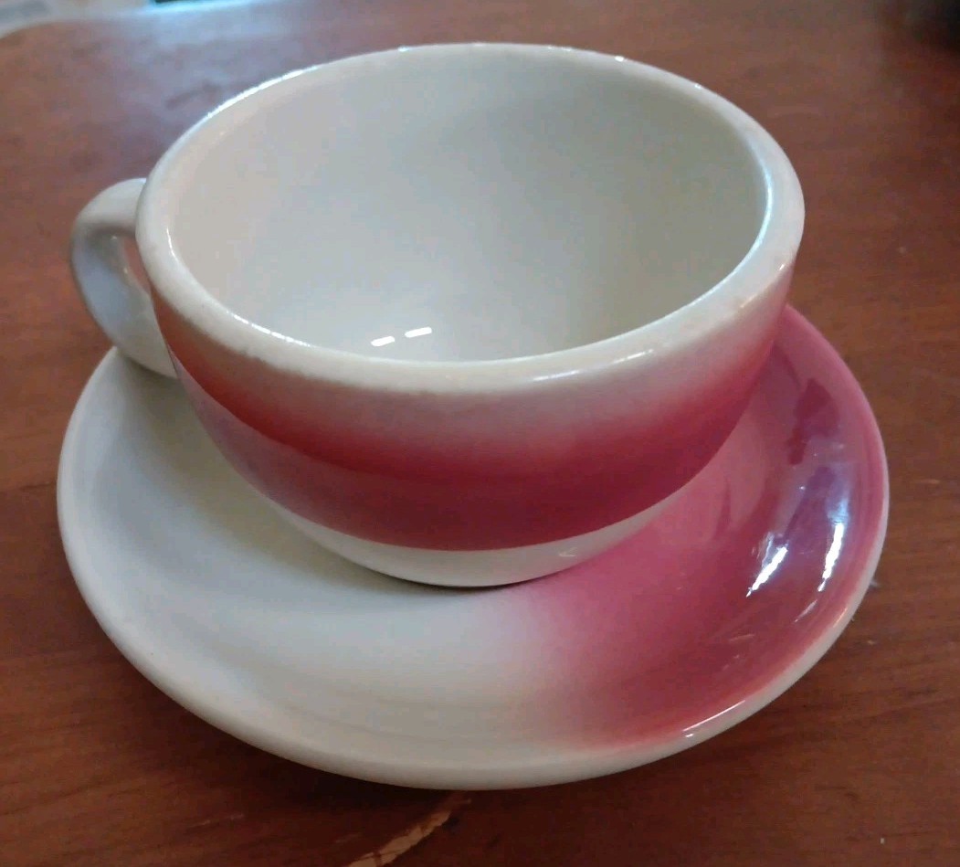 60s Shenango China Restaurant Ware Cup & Saucer White & Airbrushed Light Maroon